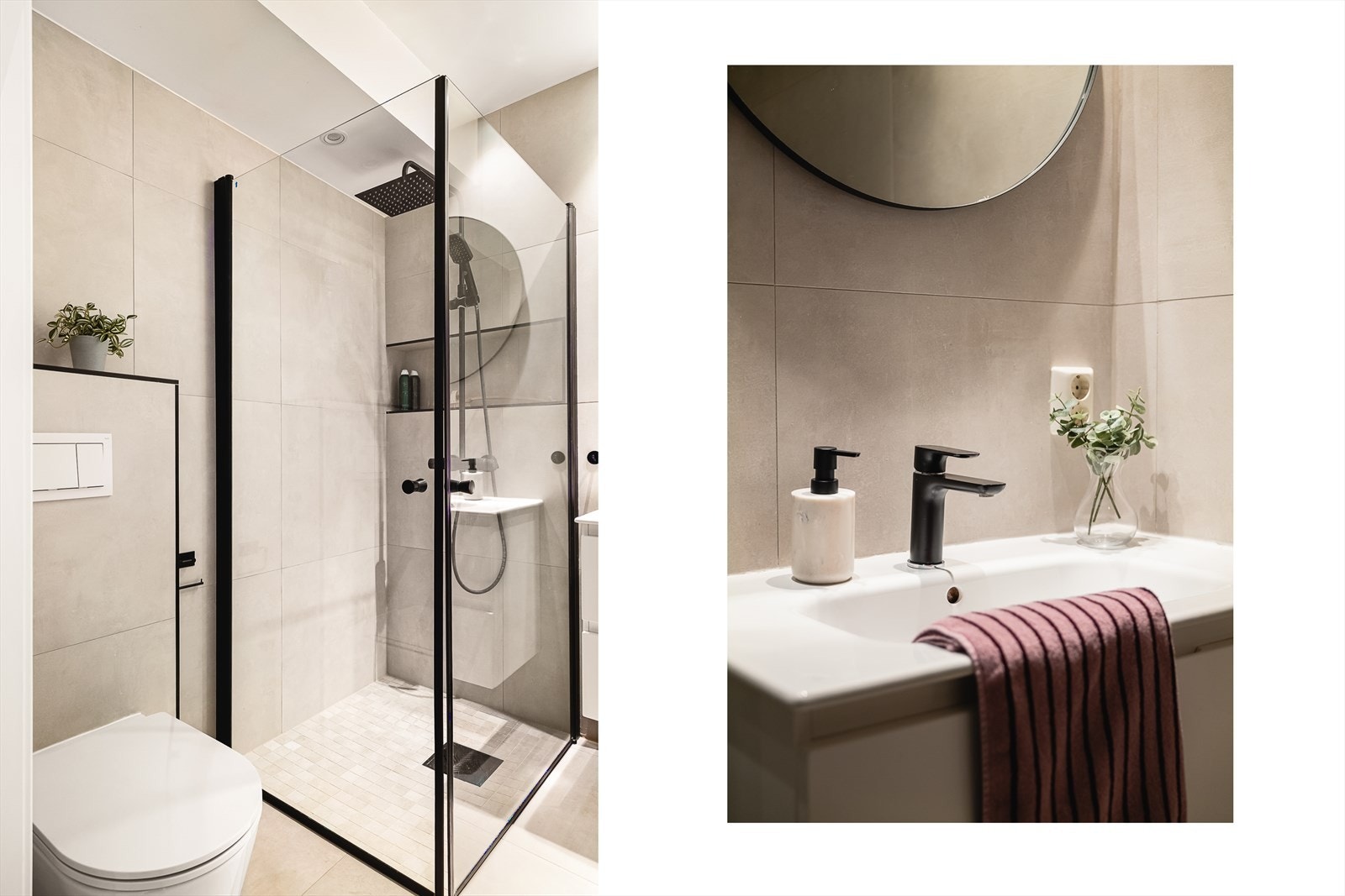 Badet ble modernisert i 2020 og holder en gjennomgående god standard med tidløse materialvalg. Keramiske fliser på gulv og vegger gir et stilrent uttrykk og er samtidig lettstelte og slitesterke. Galleribilde