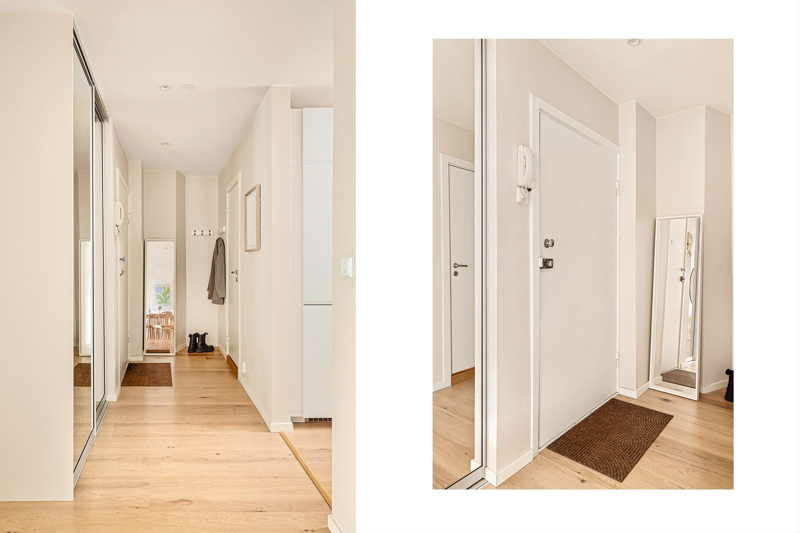 Romslig og åpen entré/gang på 6,4 kvm. Dørtelefon som enkelt slipper inn gjester. Galleribilde