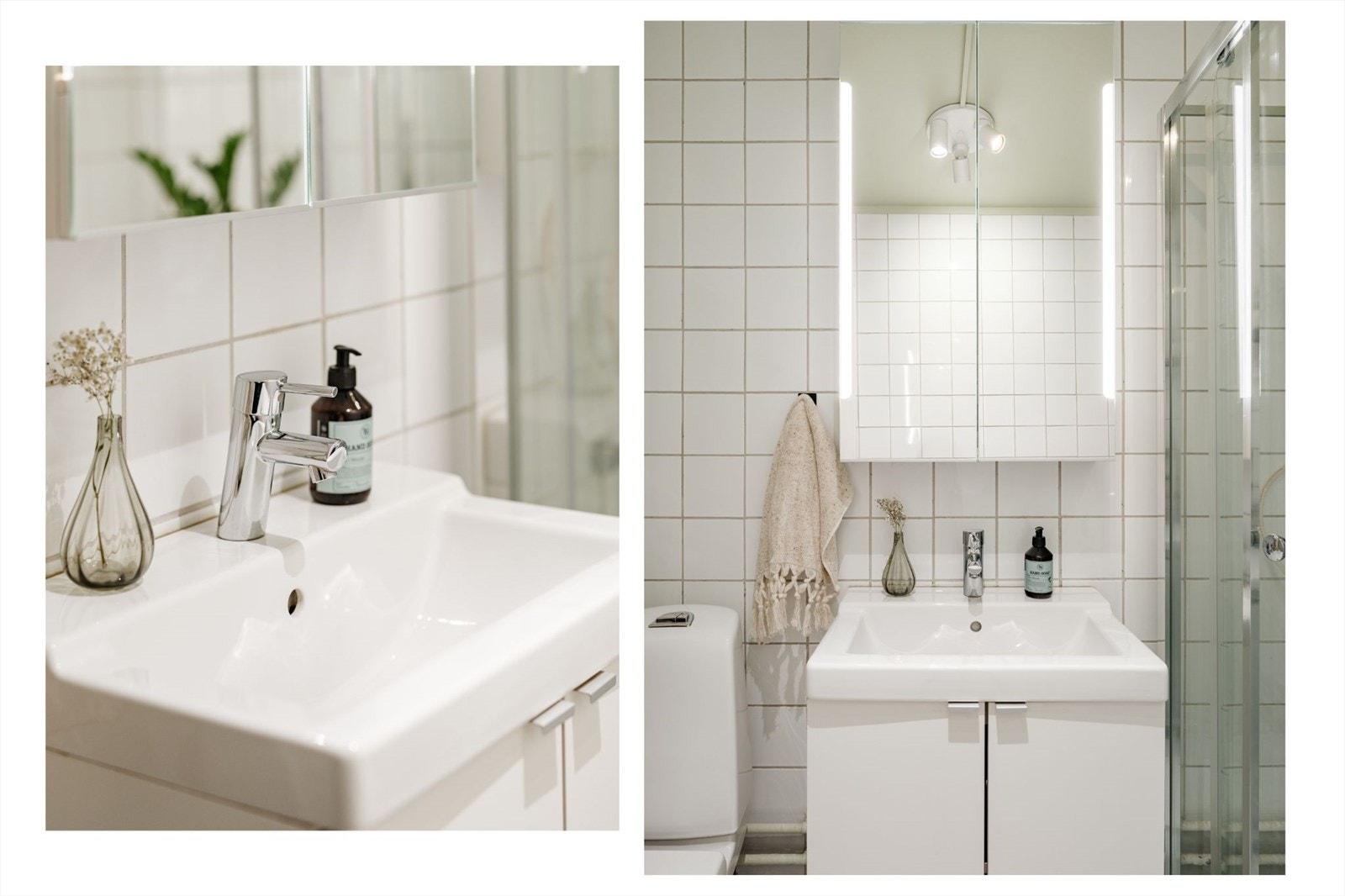 Innredningen består av toalett, servant, speilskap, dusjkabinett og opplegg til vaskemaskin. Galleribilde