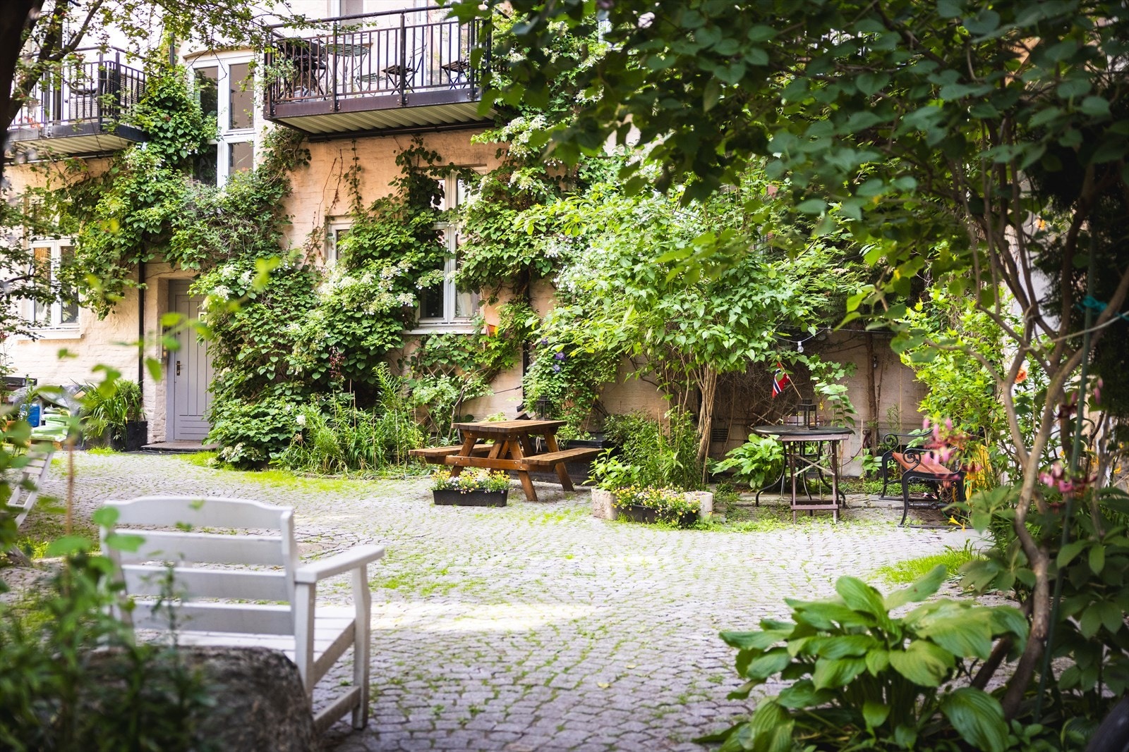 Utrolig hyggelig og grønn bakgård med beplantning, plen og
sittegrupper. Galleribilde