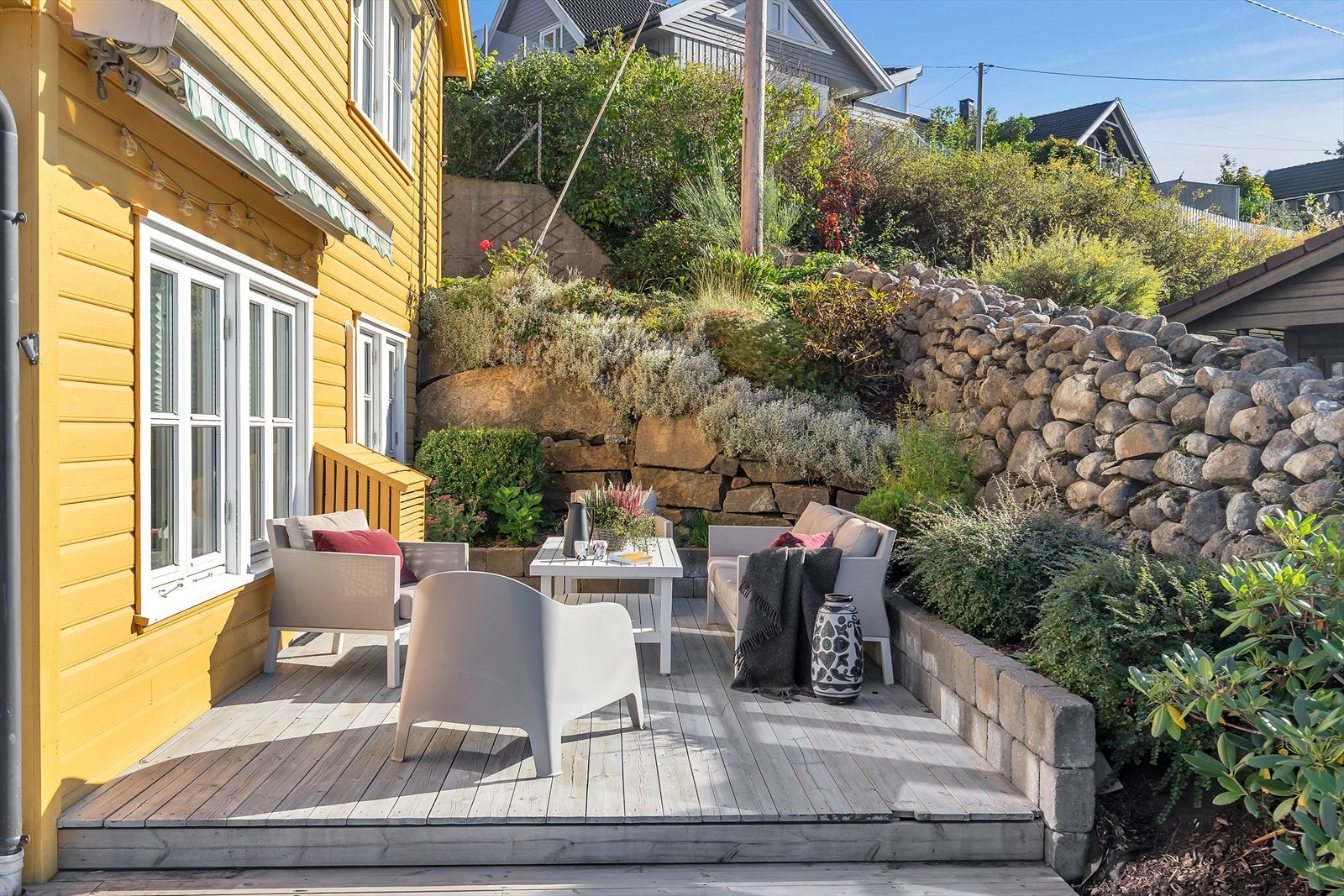 Uteplass med blomsterbed, god plass til utemøbler og grill. Galleribilde