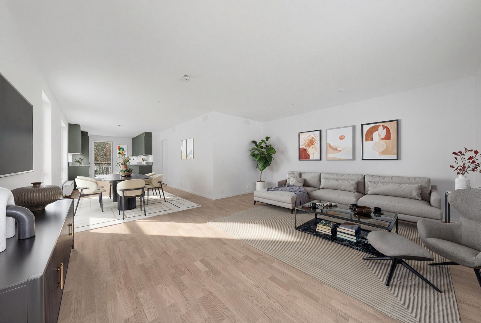 Stue og kjøkken med digital møblering Galleribilde