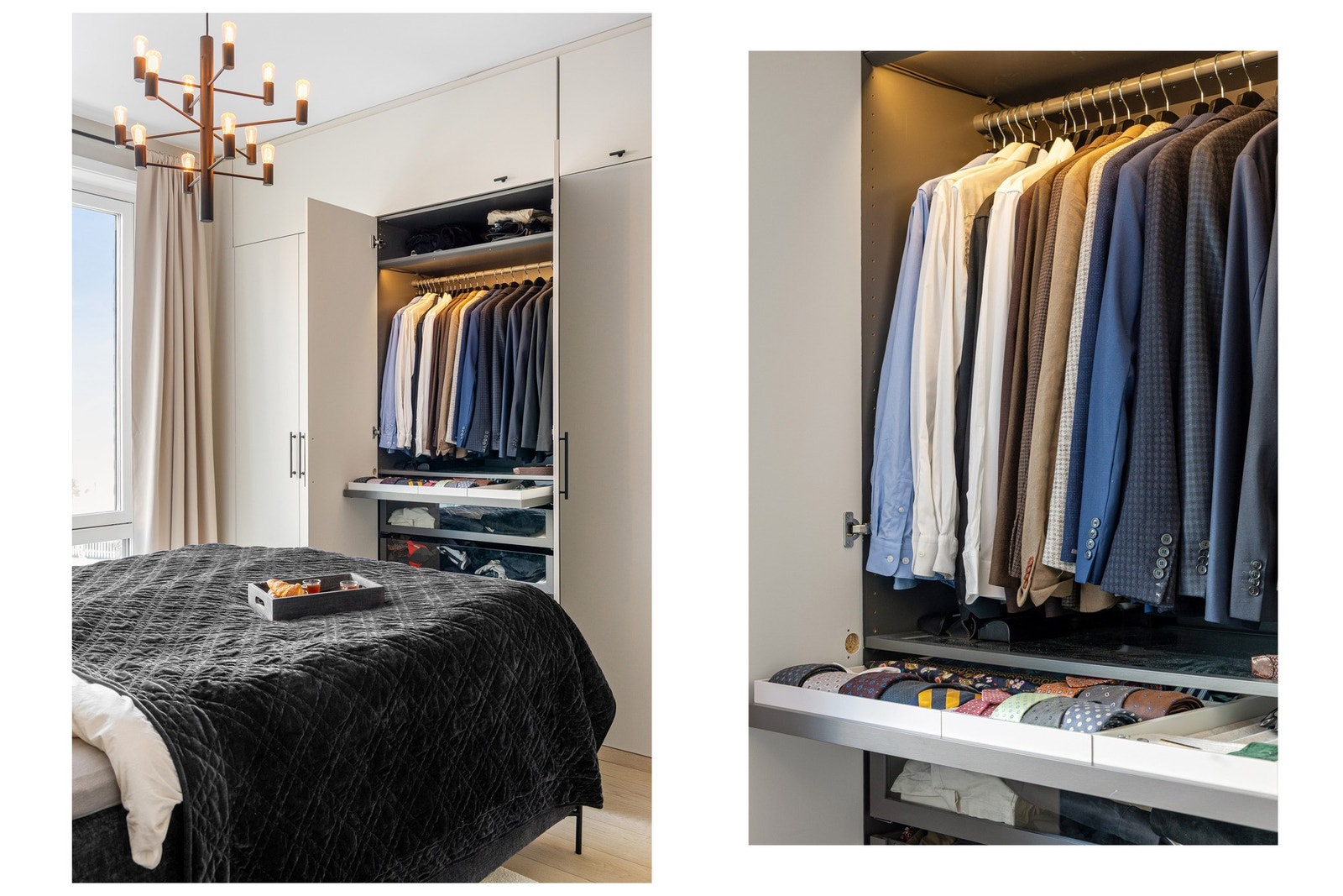 Garderobeløsningen er svært godt utnyttet, med innredning helt opp til taket og praktiske hyller for oppbevaring av sesongtøy og annet som ikke benyttes daglig. Galleribilde