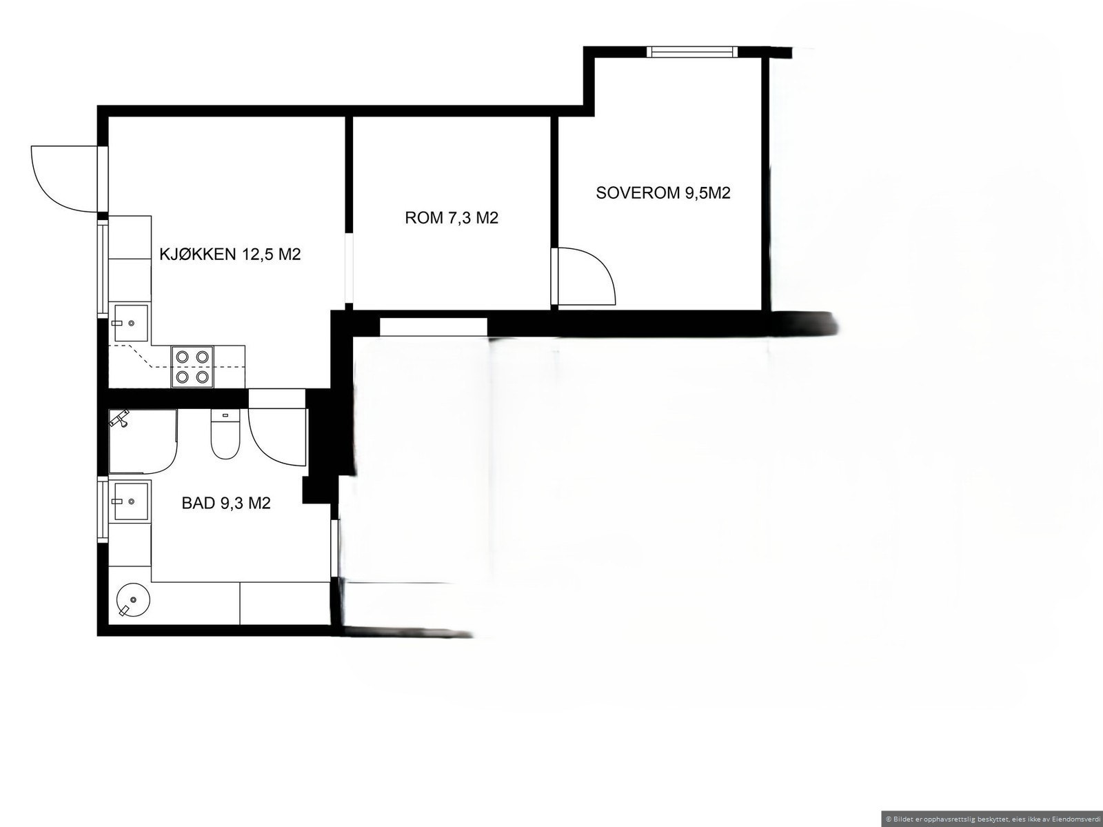 Plantegning - Fra badet er det en dør som skiller hoveddelen med leiligheten. Galleribilde