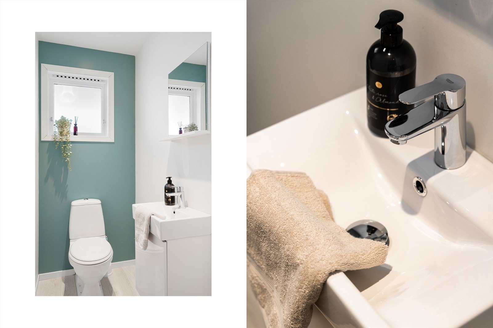 Flott toalettrom i 1. etasje med klikkvinyl på gulv og malte slette plater på vegger og i himling Galleribilde