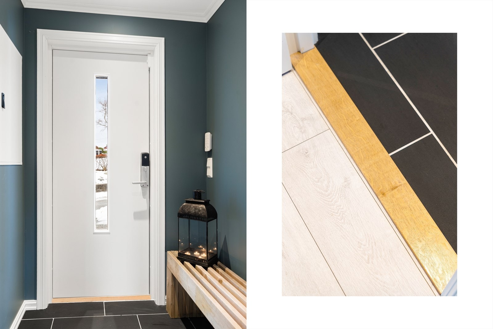 Et pent vindfang med fliser på gulvet ønsker deg velkommen inn! Galleribilde