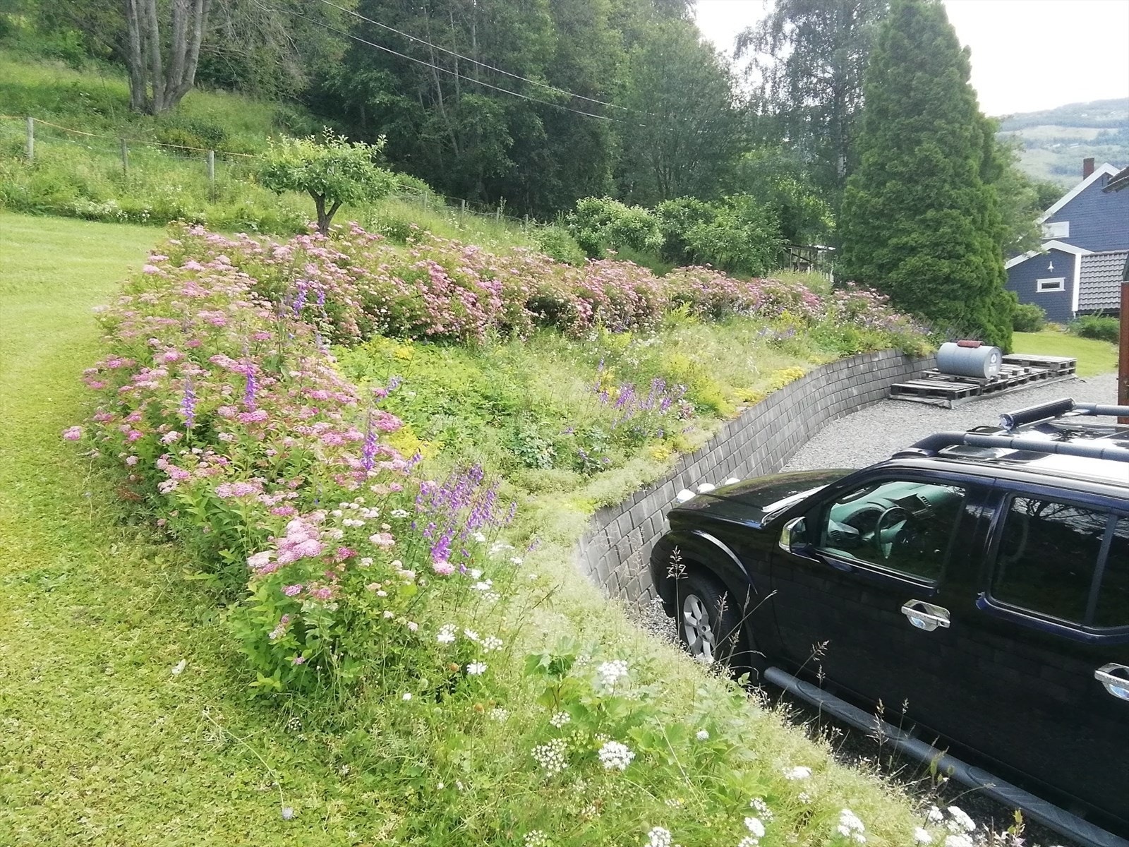 Tomten er pent opparbeidet med plenarealer og beplantning, støttet av forstøtningsmurer i betongstein. Galleribilde