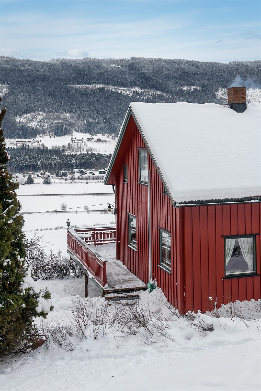 Fasaden har stående bordkledning, hvor panelet på sørveggen ble skiftet i 2020. Galleribilde