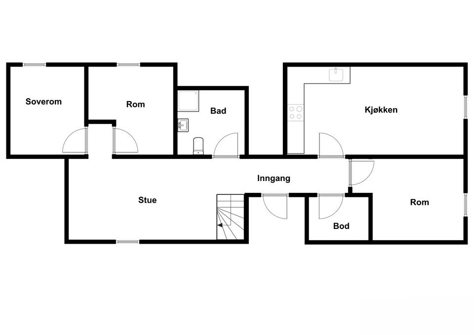 Plantegning kjeller - mrk. at soverom har ikke godkjent vindu mtp. krav til rømningsvei. Rommet vegg i vegg med kjøkken er ment som soverom, men benyttet som lager. Galleribilde