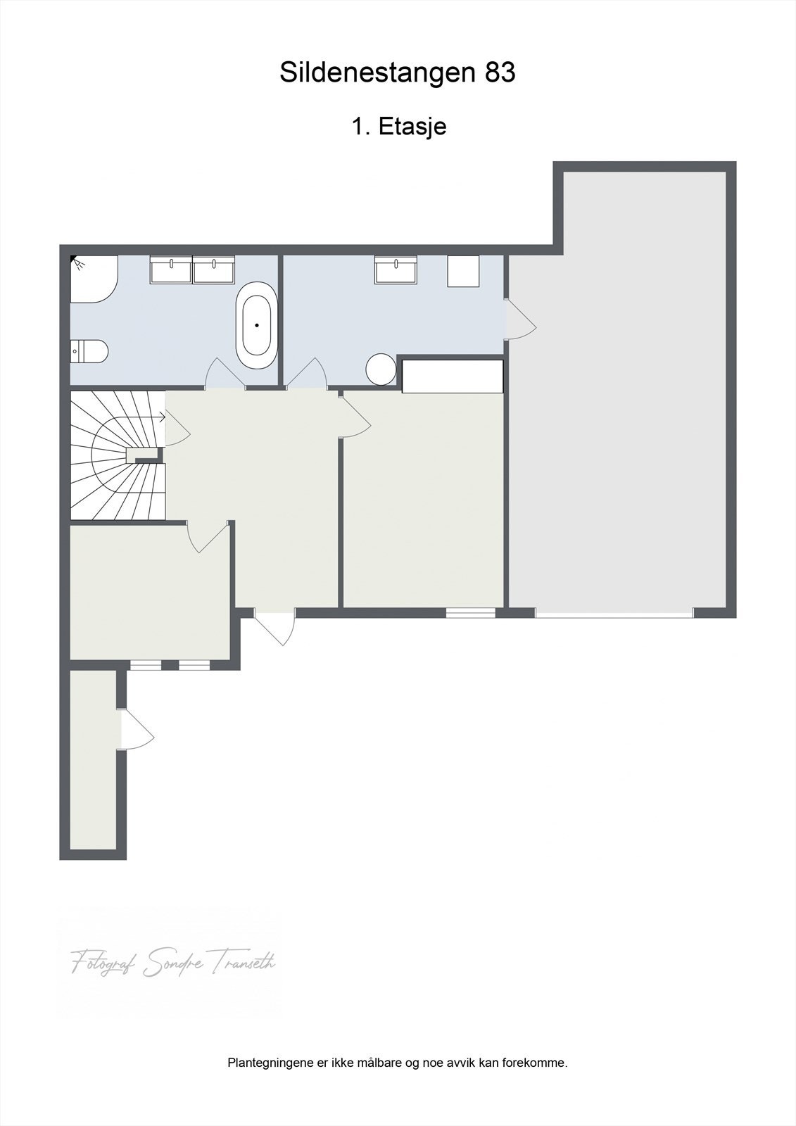 Planløsning 1.etg.: entre, treningsrom/soverom 1, bad, vaskerom med direkte tilkomst til garasje, soverom 2 Galleribilde