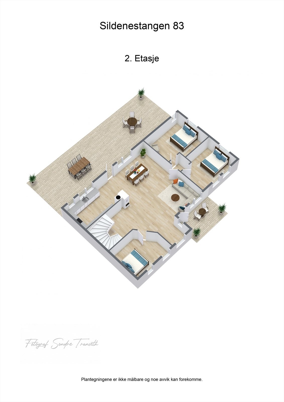 Planløsning 2.etg.: åpen stue/kjøkkenløsning med tilkomst til terrasse, kontor/soverom 3, soverom 4, soverom 5 Galleribilde