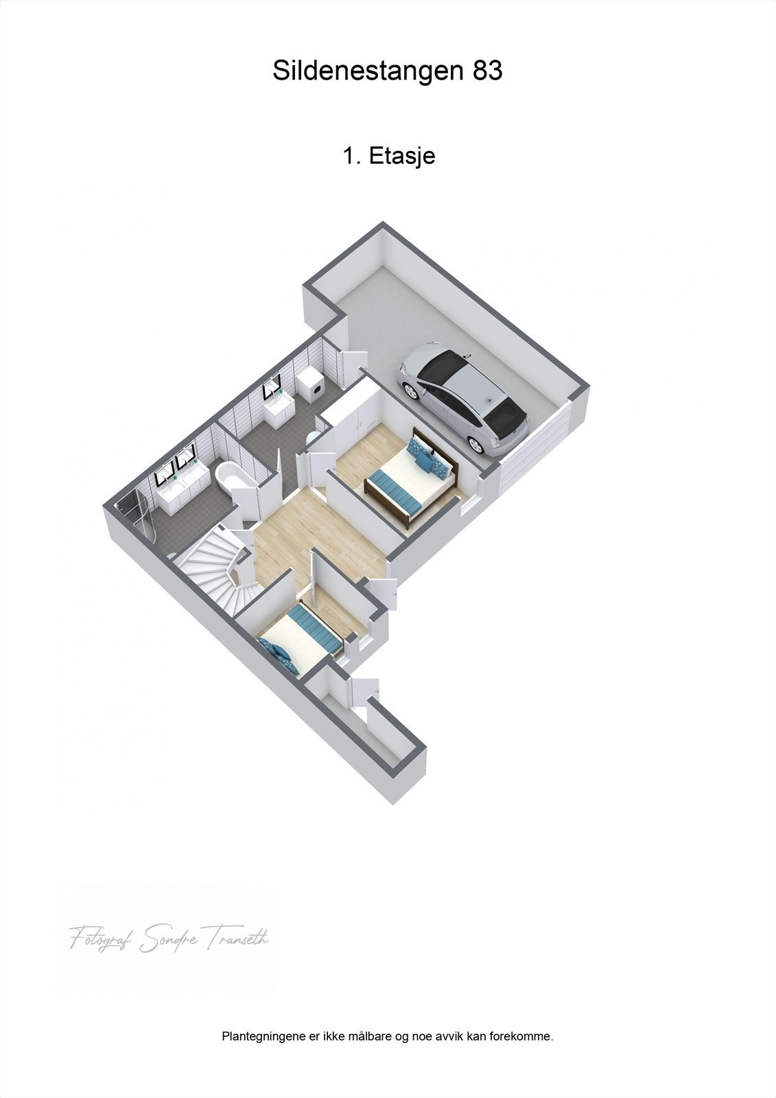 Planløsning 1.etg.: entre, treningsrom/soverom 1, bad, vaskerom med direkte tilkomst til garasje, soverom 2 Galleribilde