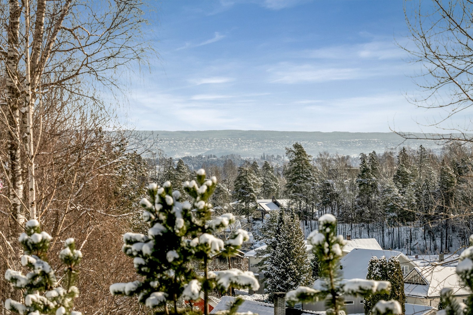 Fra balkongen er det utsyn mot grønne trær, et hyggelig boligområde og et lite glimt av sjøen. Galleribilde