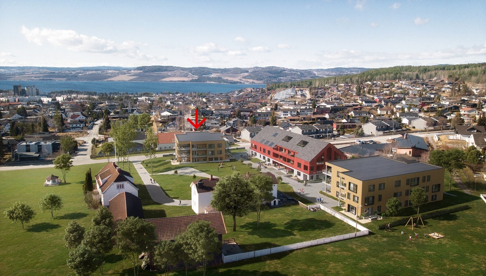 Oversiktsbilde av området - leiligheten ligger i hus 3 til venstre for Laaven. Illustrasjon - avvik forekommer. Galleribilde