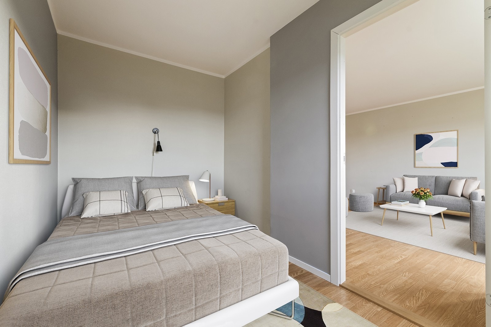 Soverom med god plass til dobbeltseng. Digitalt stylet. Galleribilde