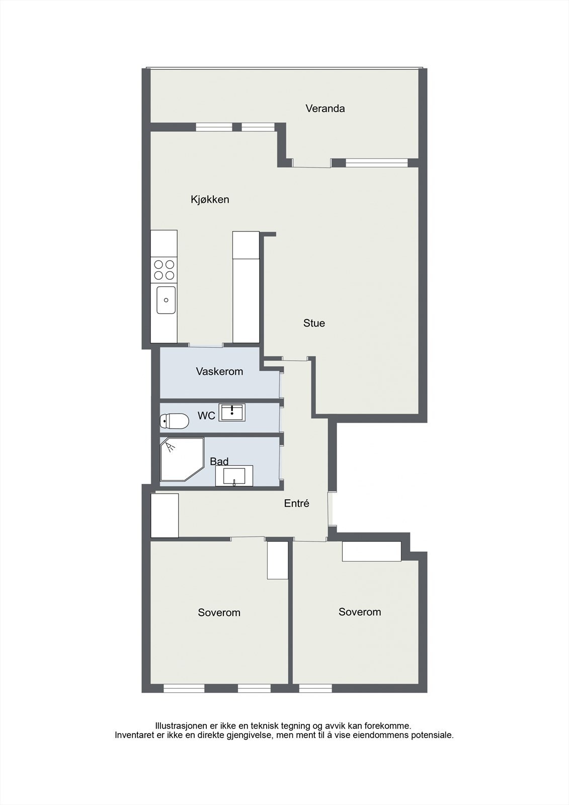 Planløsningen fordeler seg over gang, to soverom, bad, toalettrom, vaskerom, kjøkken og stue. Galleribilde
