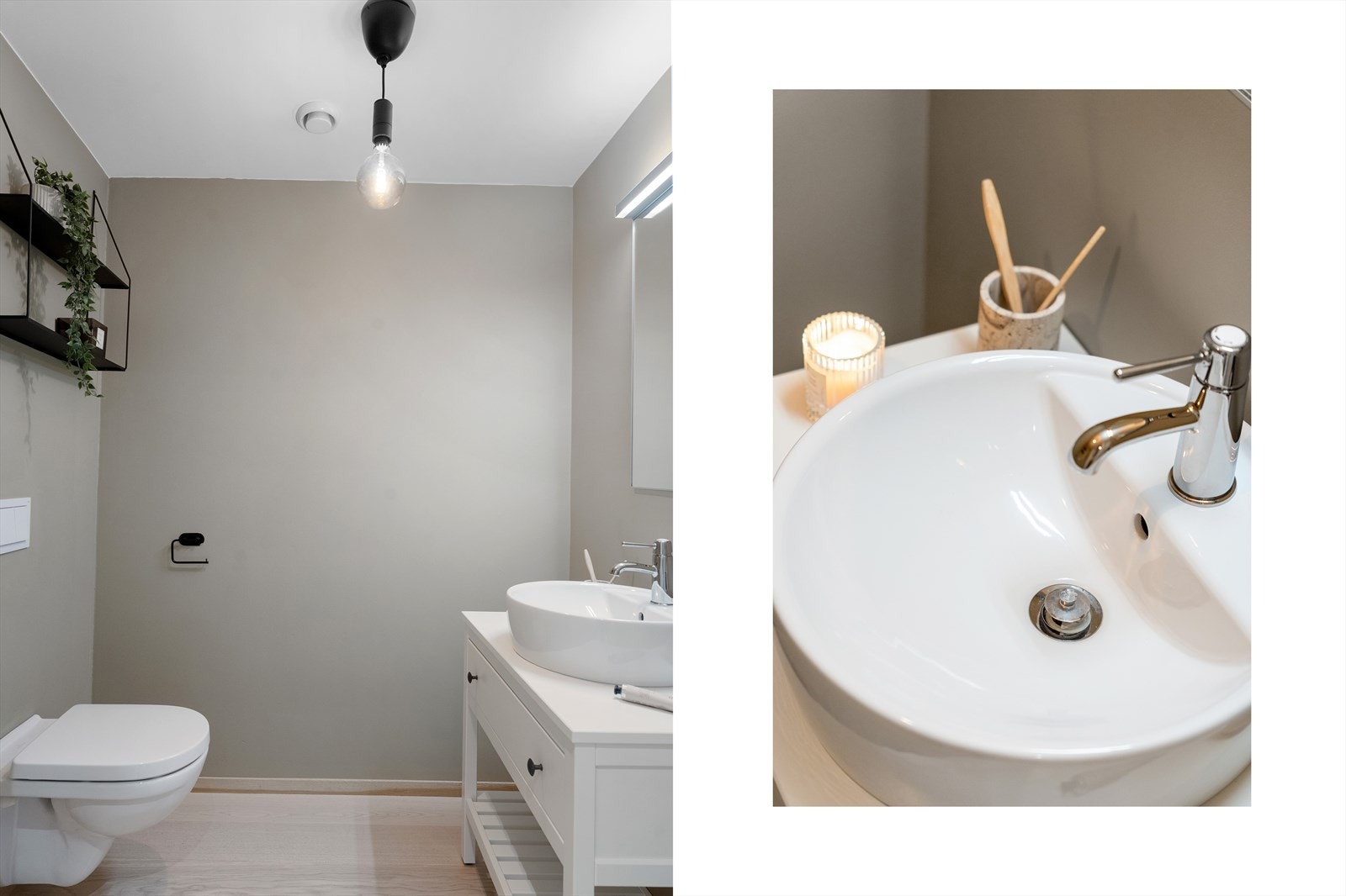 Leiligheten har eget toalettrom med parkett på gulv, malte vegger og tak. Det er montert vegghengt toalett og enkel servant. Galleribilde