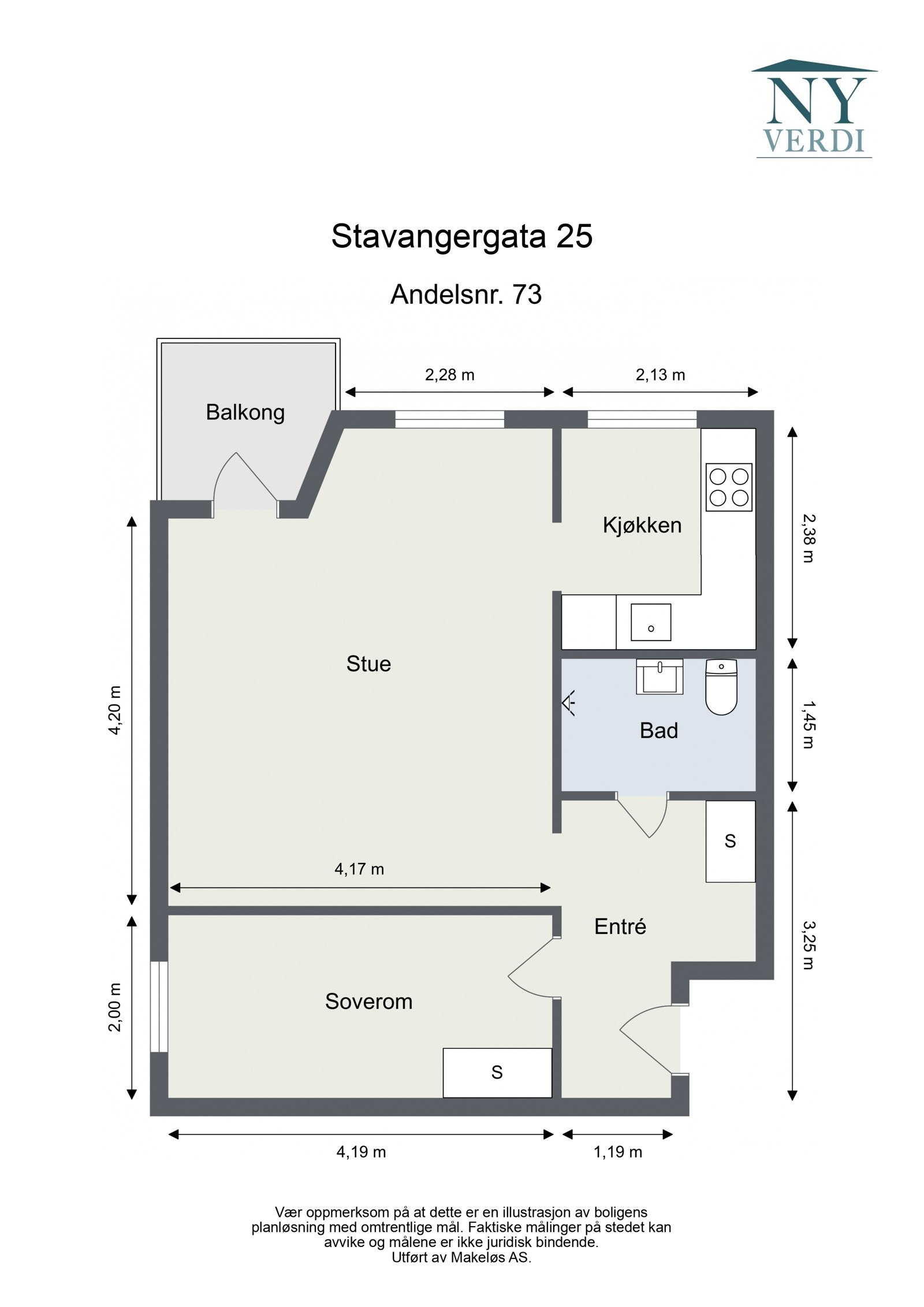Plantegning. I tillegg disponerer leiligheten en kjellerbod på ca. 1m². Heis i bygget. Galleribilde