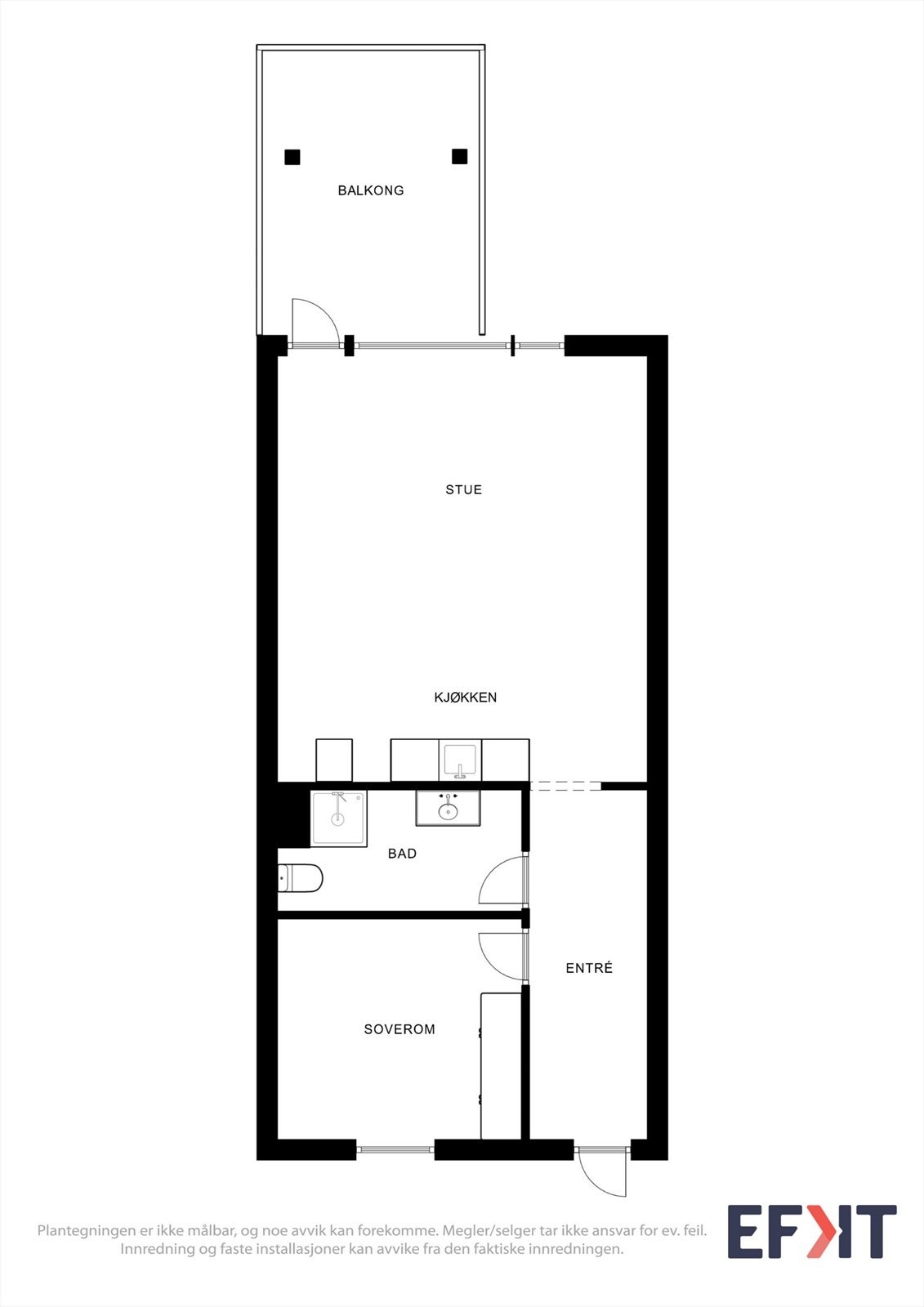Leiligheten på 57 m² har en effektiv planløsning med entré, bad, soverom og åpen stue/kjøkkenløsning. Galleribilde
