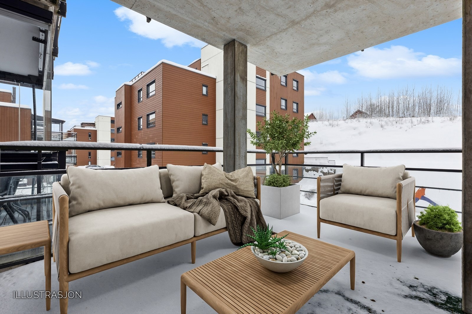 Balkongen er på ca 12 kvm og har fin utsikt mot fellesområdet og Mo gård. Galleribilde