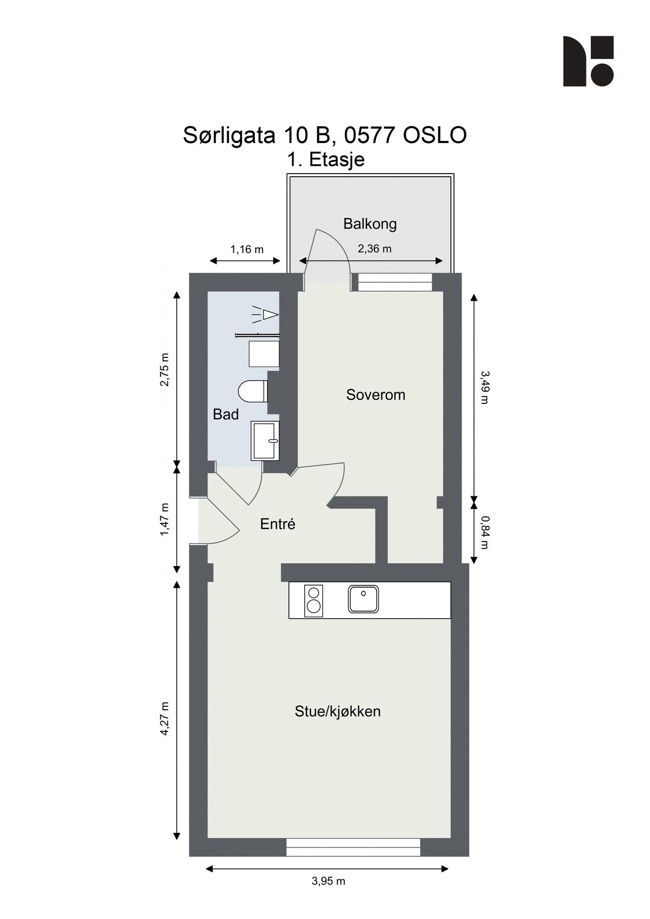 Planløsning. I tillegg følger en kjellerbod på ca. 5 kvm og felles sykkelparkering i kjeller Galleribilde
