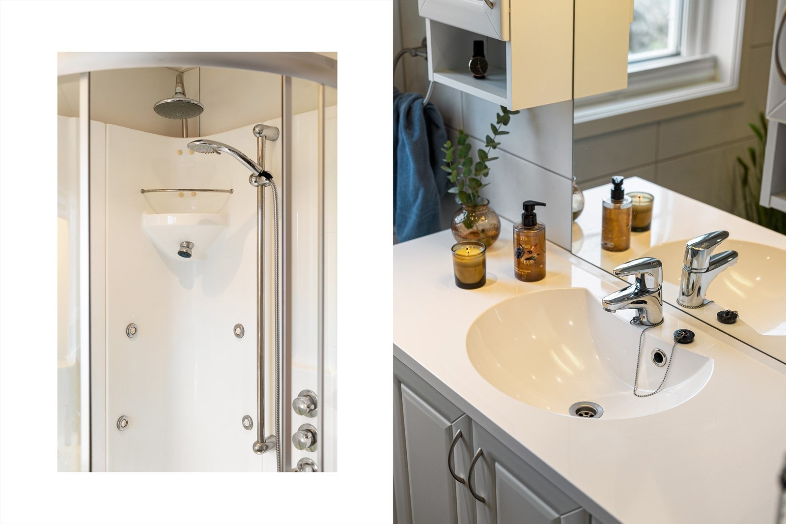 Badet er innredet med flott baderomsinnredning, dusjkabinett, boblebadekar og vegghengt toalett Galleribilde