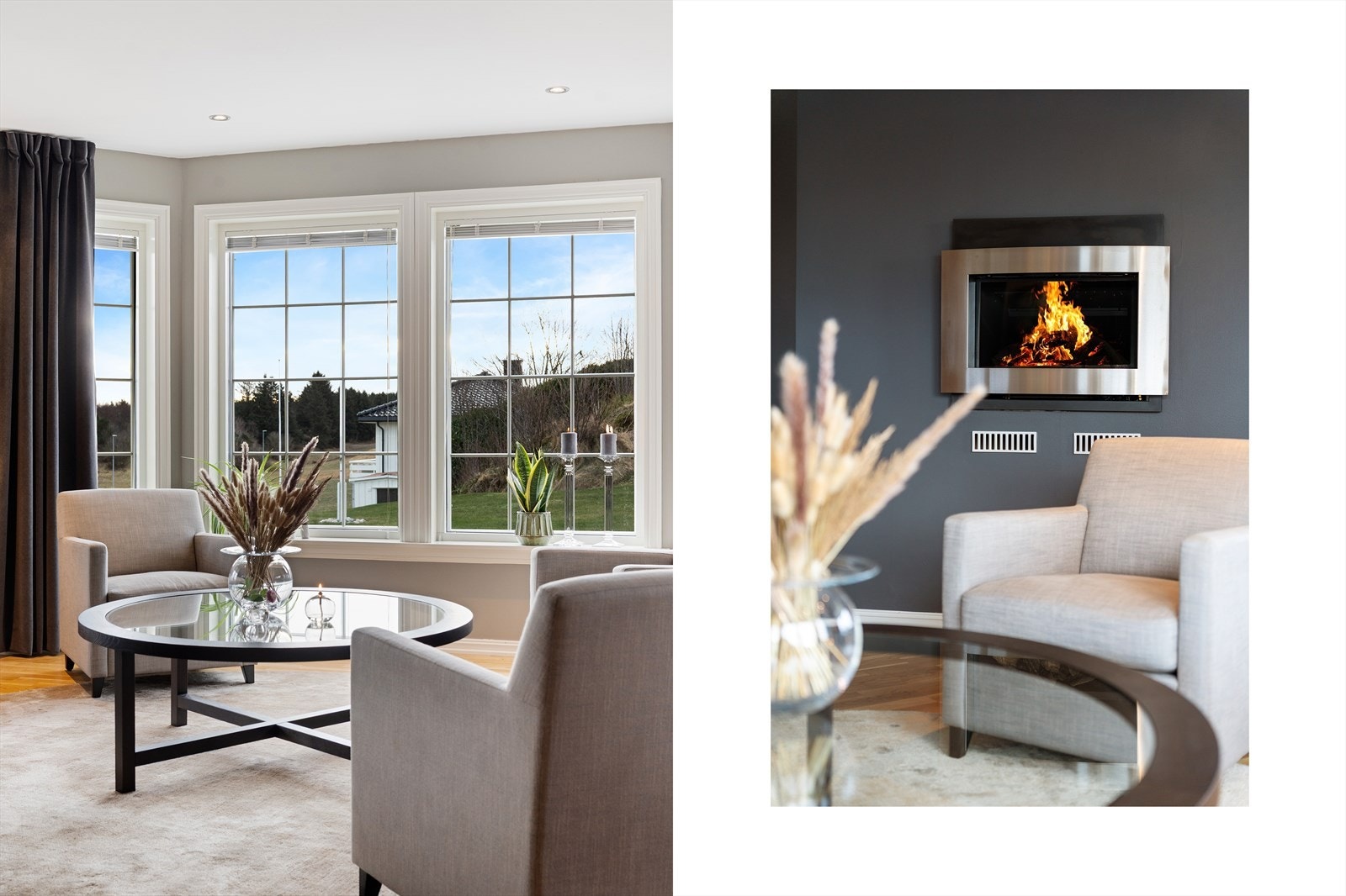 I stuen er det montert en pen gasspeis som gir herlig varme til boligen på kaldere dager Galleribilde