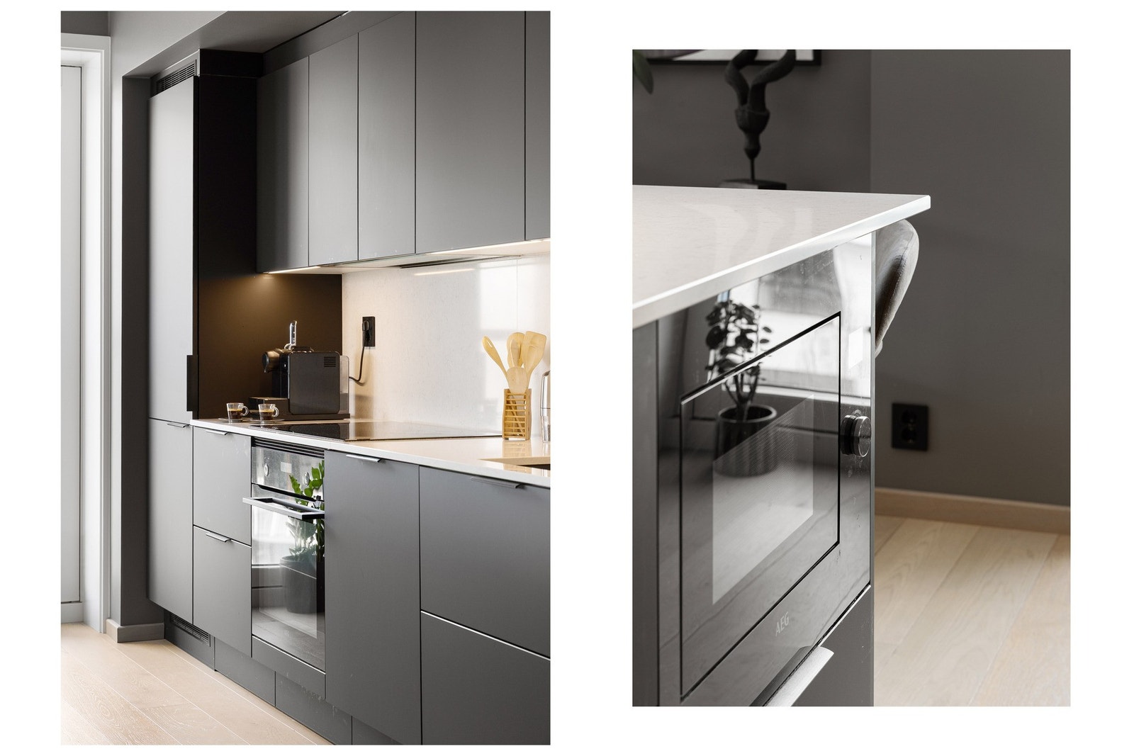 Benkeplate i slitesterk komposittstein, der platen er trukket opp på vegg som backsplash for et helhetlig og eksklusivt uttrykk. Galleribilde