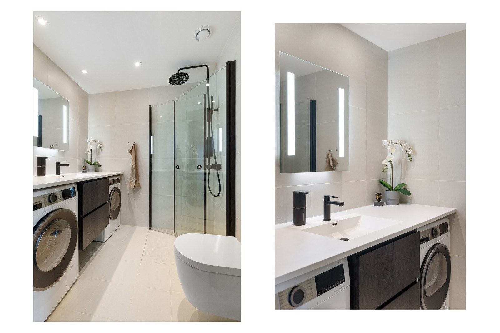 Badet har vannbåren gulvvarme som gir høy komfort, premium spyletoalett, samt opplegg for både vaskemaskin og tørketrommel. Galleribilde