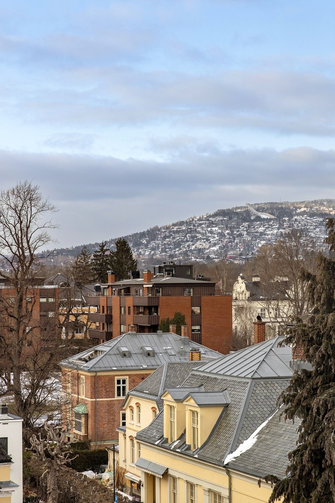 Flott utsikt over nærområdet og mot Holmenkollåsen inkl. Holmenkollbakken mm. Galleribilde