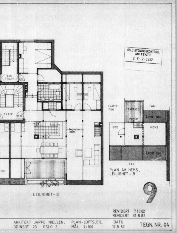 Stemplet byggetegning fra byggesak innredning av loft på 80-tallet Galleribilde