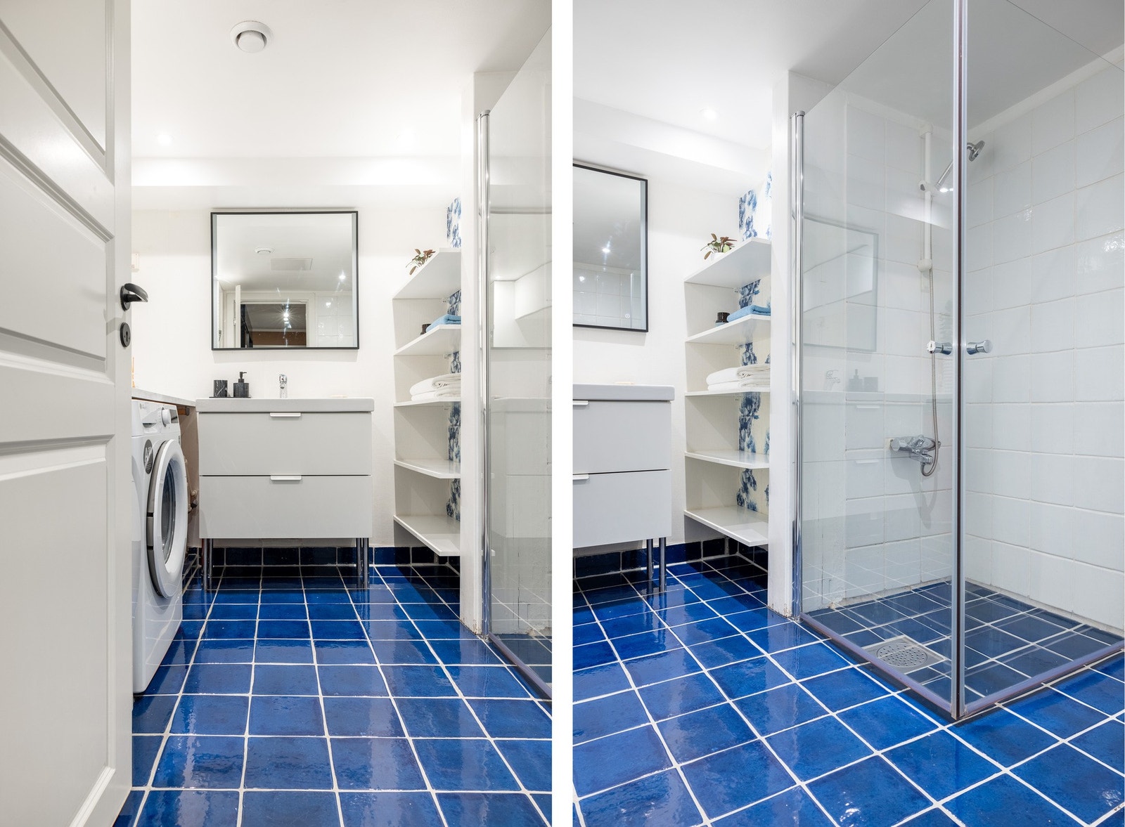 Innredet med servant med inrnedning, dusjhjørne og opplegg for vaskemaskin. Galleribilde