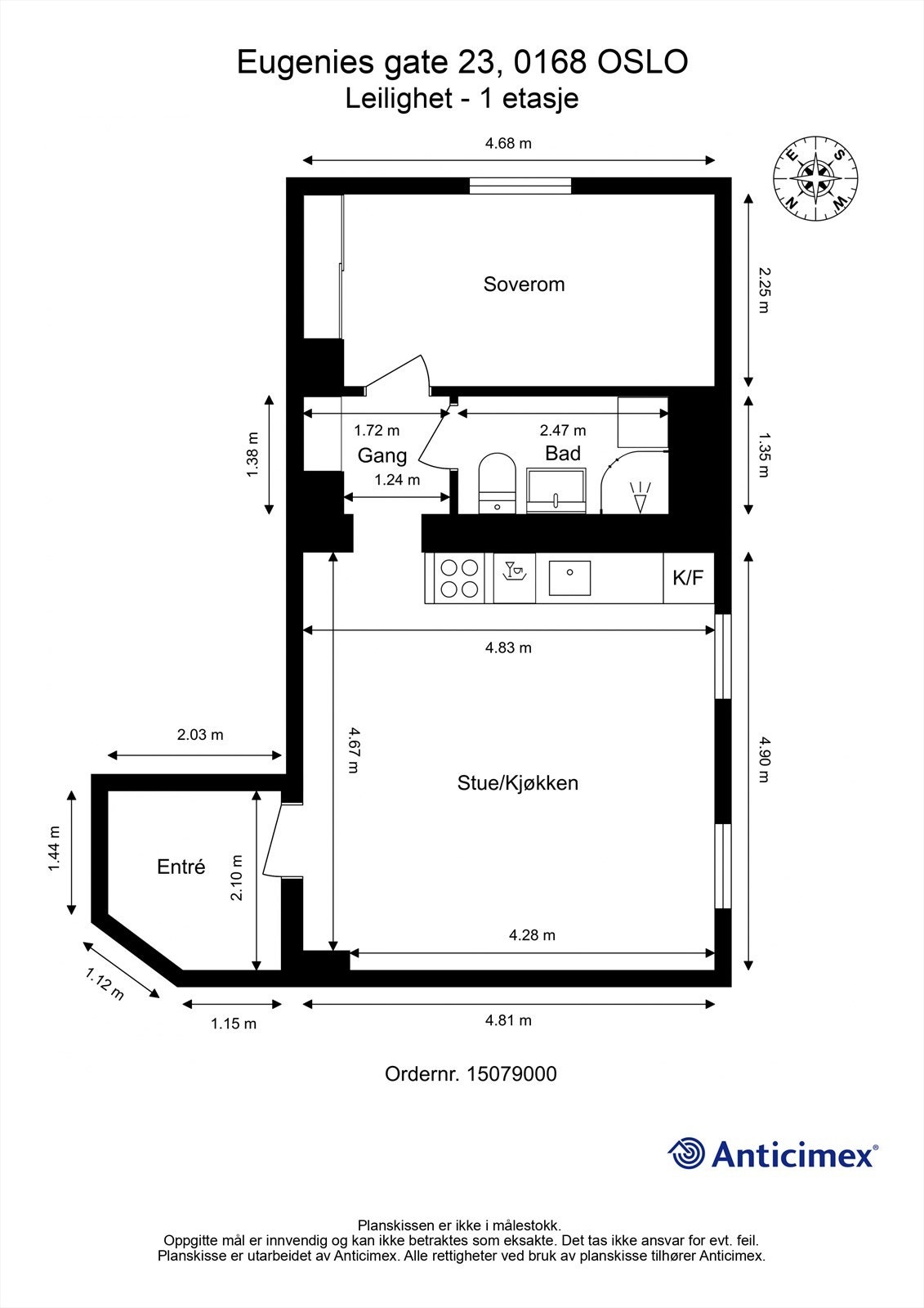 Leiligheten har en arealeffektiv planløsning på 48 m² som omfatter entré, bad, soverom og stue med åpen kjøkkenløsning. Galleribilde