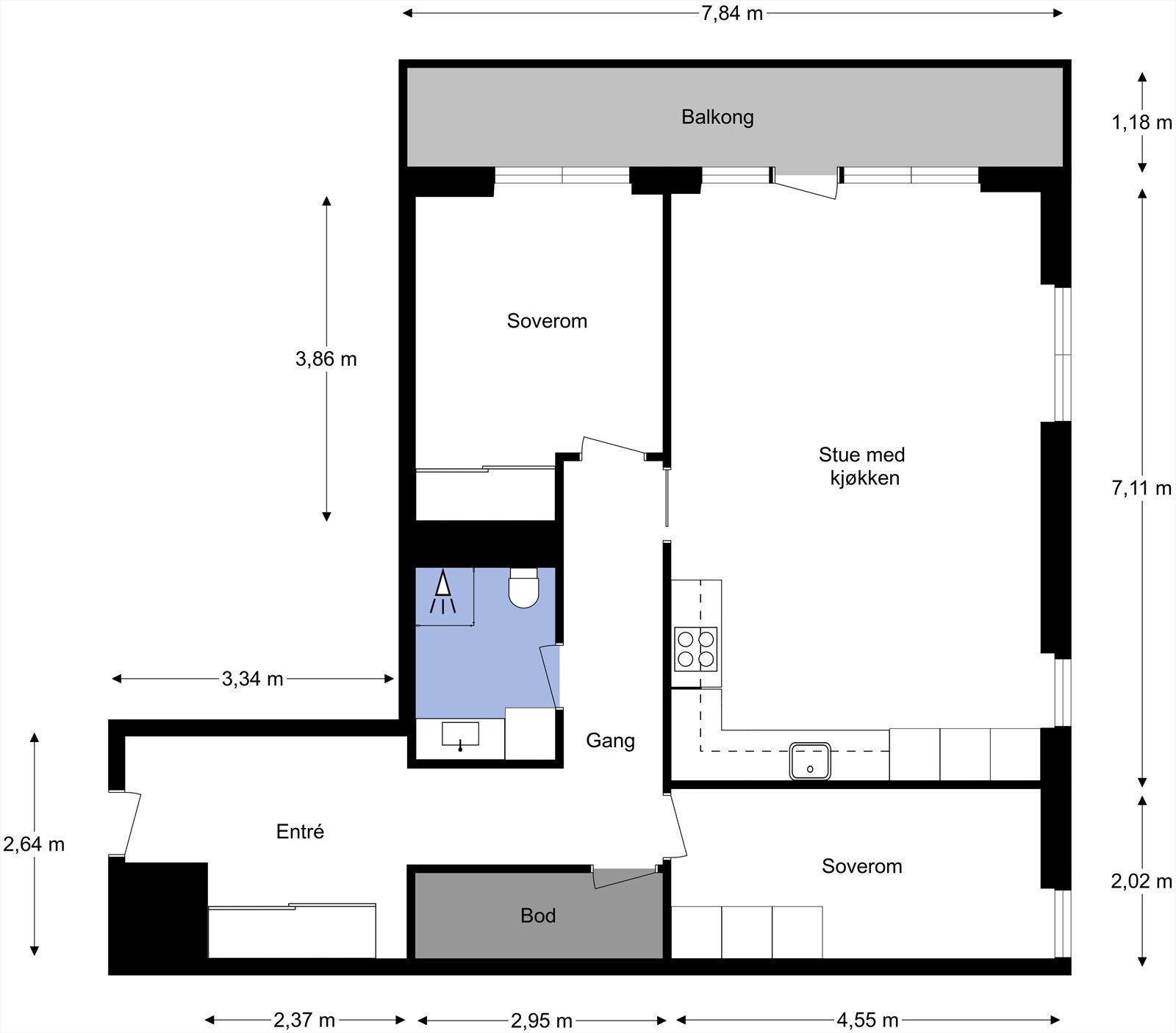 Leiligheten ligger i 7. etasje og inneholder entré, bad, kjøkken, stue, 2 soverom, bod og gang. I tillegg disponerer leiligheten en bod på leilighetens plan og en kjellerbod. Galleribilde