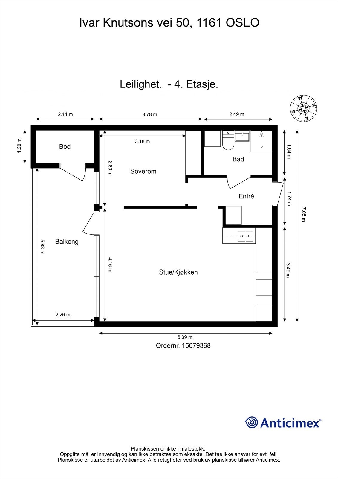 Leiligheten har et areal på 45 m² og en arealeffektiv planløsning med entré, bad, soverom og stue med åpent kjøkken. Galleribilde