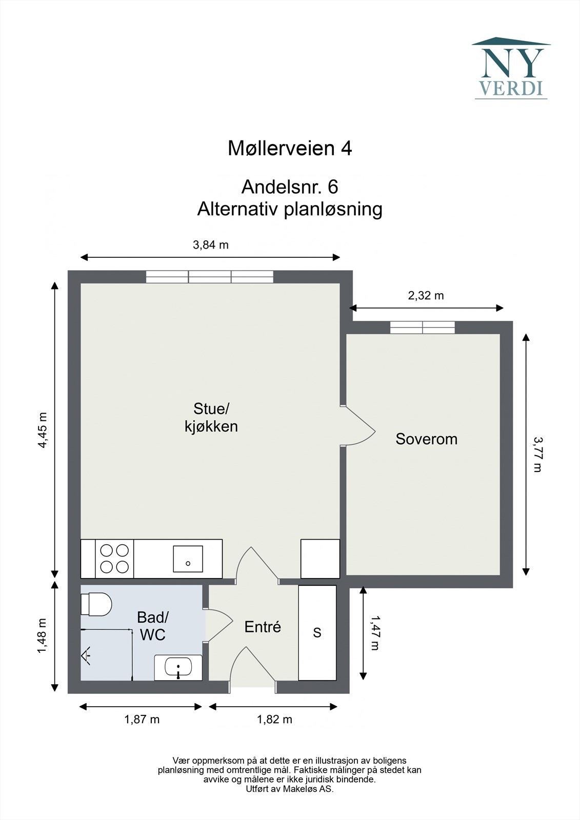 Alternativ planløsning ved å flytte kjøkken ut i stue slik tilsvarende leiligheter i bygget har utført. Dagens kjøkkenrom vil bli soverom. Galleribilde