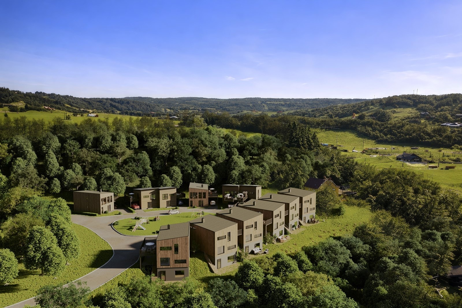 Velkommen til Gjømstunet og denne flotte utviklingstomta! Foto v/ Jon Kristian Haukdal i Interiørfoto og illustrasjon av Espen Moe Pettersen i ARKviz. Galleribilde