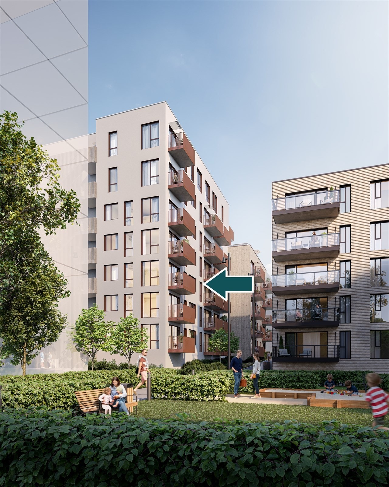 Illustrasjon fasade markert med leilighetens beliggenhet Galleribilde