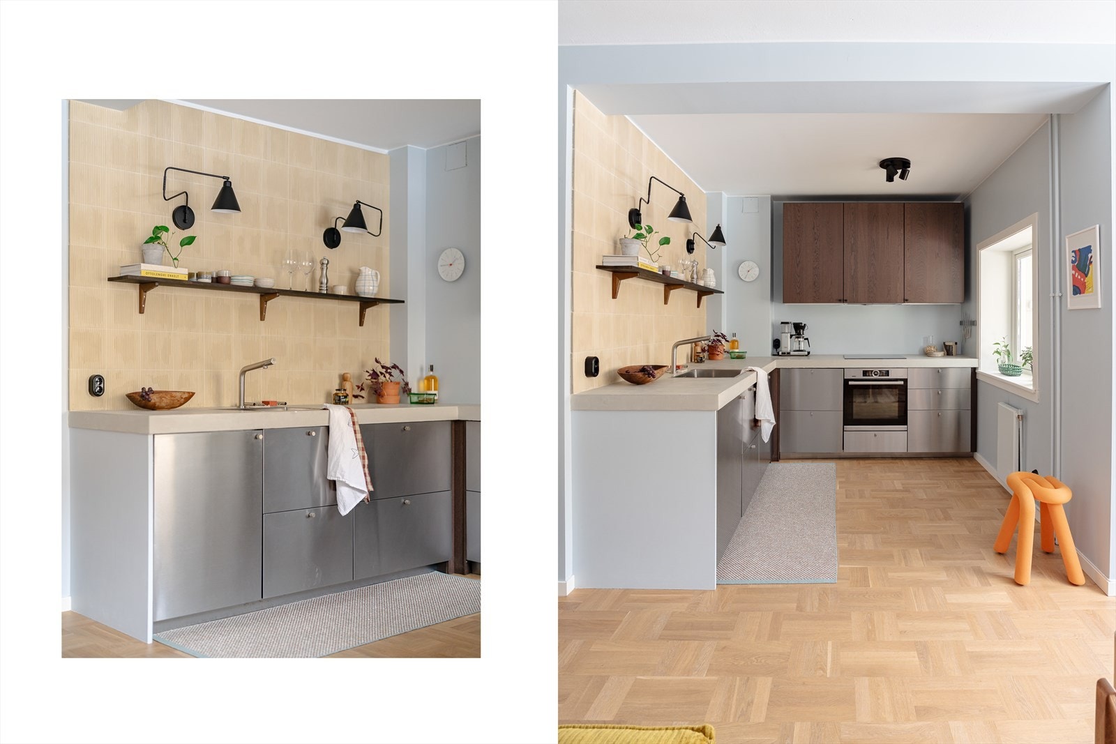 Bærende vegg mellom stue og kjøkken ble åpnet opp i 2022. Løsningen sørger for herlig lys, og bidrar til en sosial, luftig romfølelse. Kjøkkenet ble samtidig pusset opp, og utgjør et stilrent møbel i seg selv, med en lekker materialkombinasjon. Galleribilde