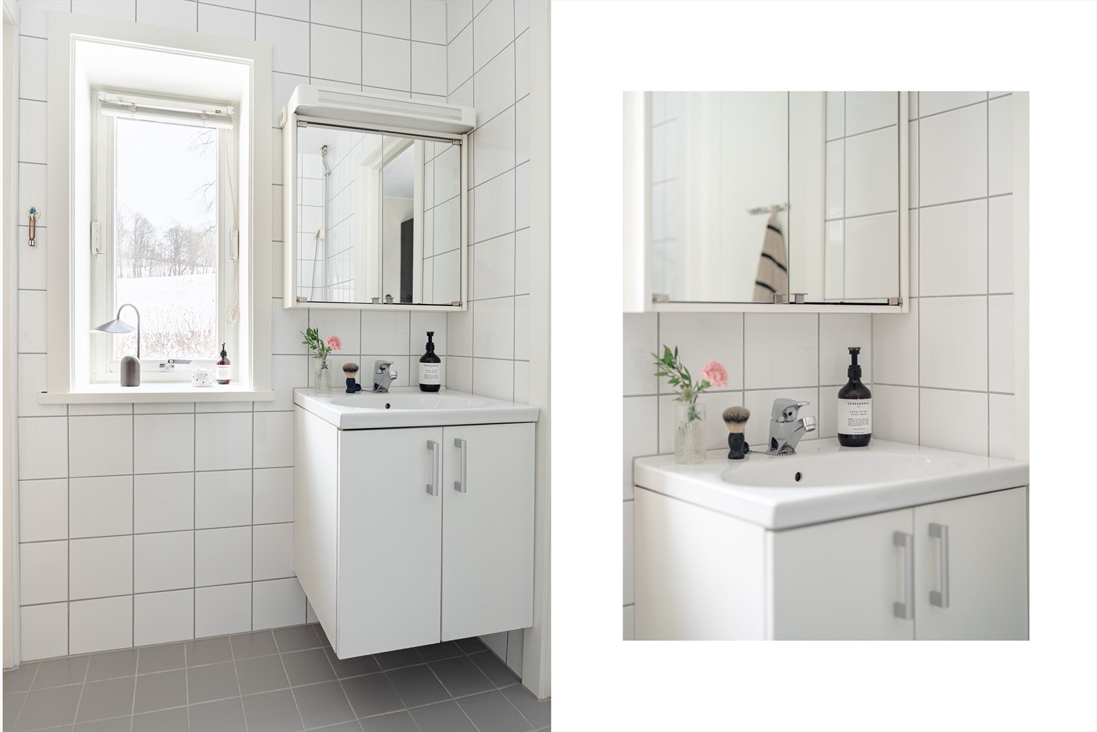 Lyst flislagt baderom med varme i gulv. Badene ble pusset opp i regi av aksjelaget i 2010. Det ble satt inn nytt vindu i 2026. Galleribilde