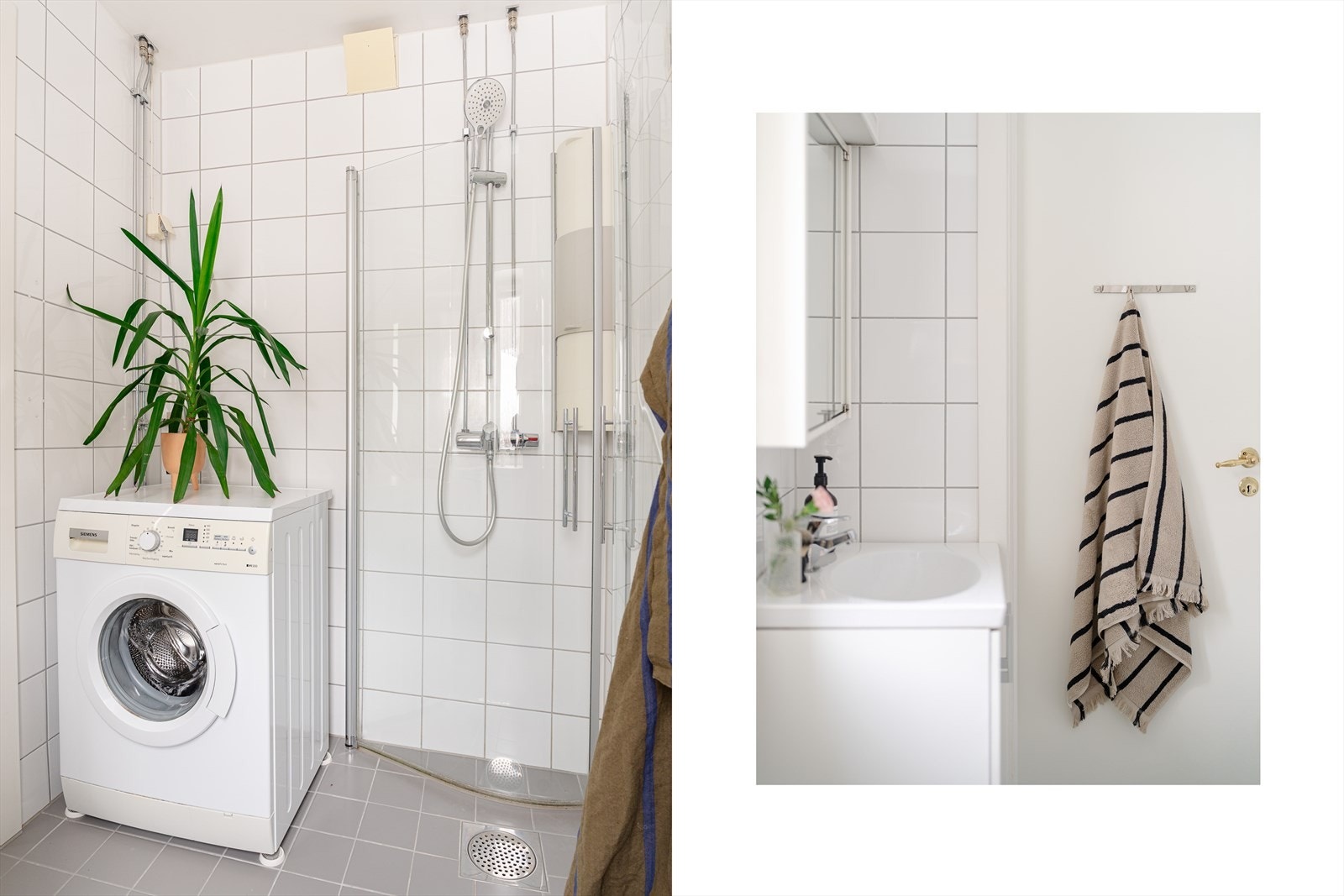 Badet er innredet med servant med servantskap, hjørnedusj med innfellbare glassdører. Det er opplegg for vaskemaskin i hjørnet. Galleribilde