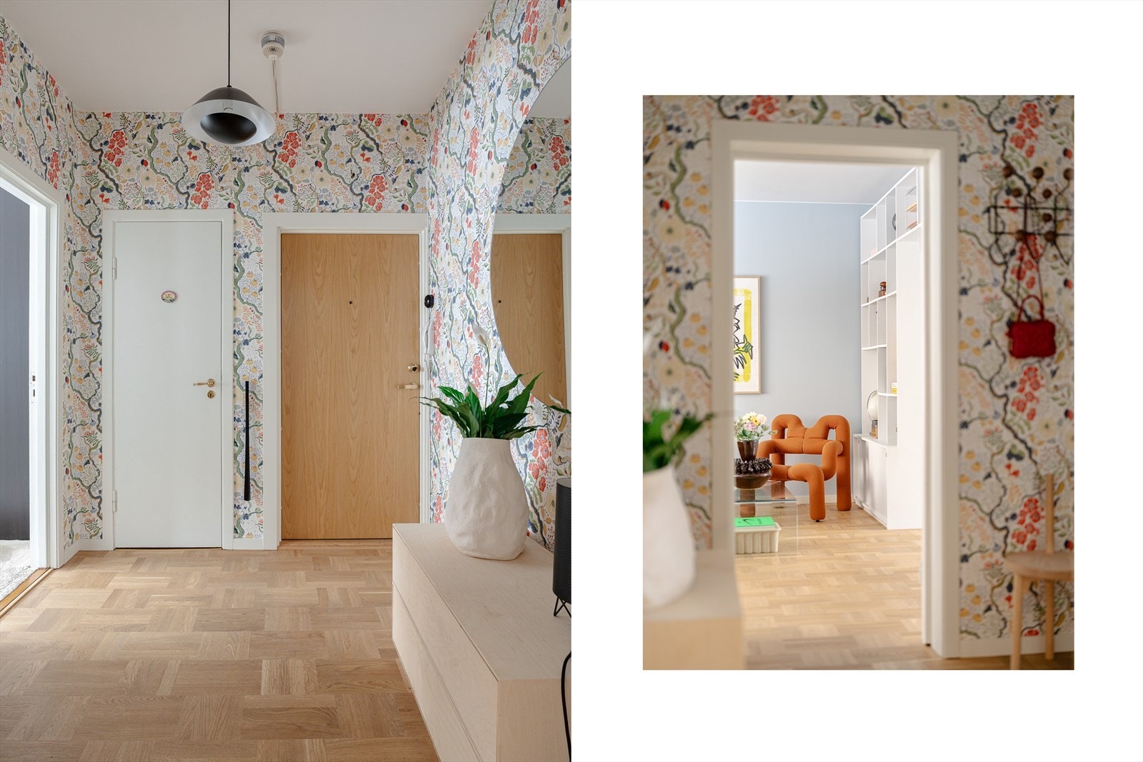 Leilighetens hyggelige entré gir et godt førsteinntrykk, og har god plass til oppbevaring av yttertøy etc. Veggene med vakker kunsttapet gir boligen særpreg, og setter stemningen fra første stund! Galleribilde