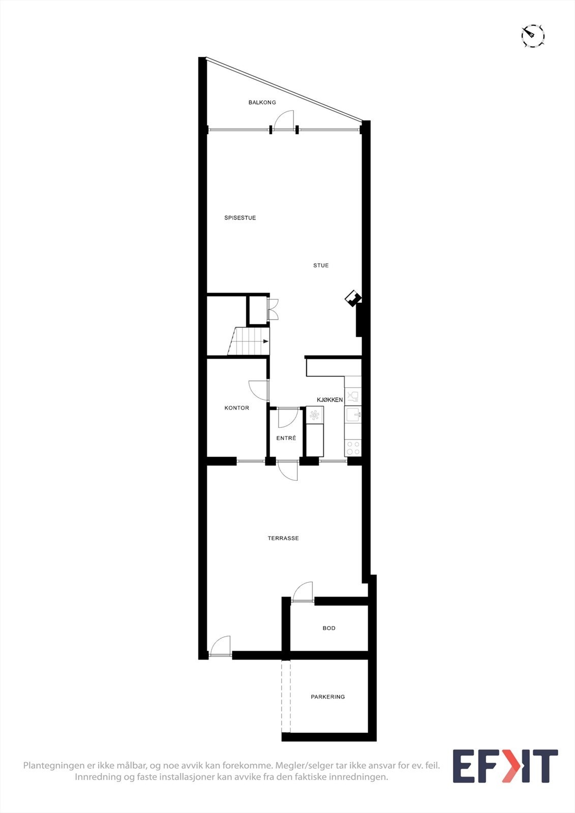 Første etasje har en arealeffektiv planløsning med stue, kjøkken, ett soverom og vindfang. Galleribilde