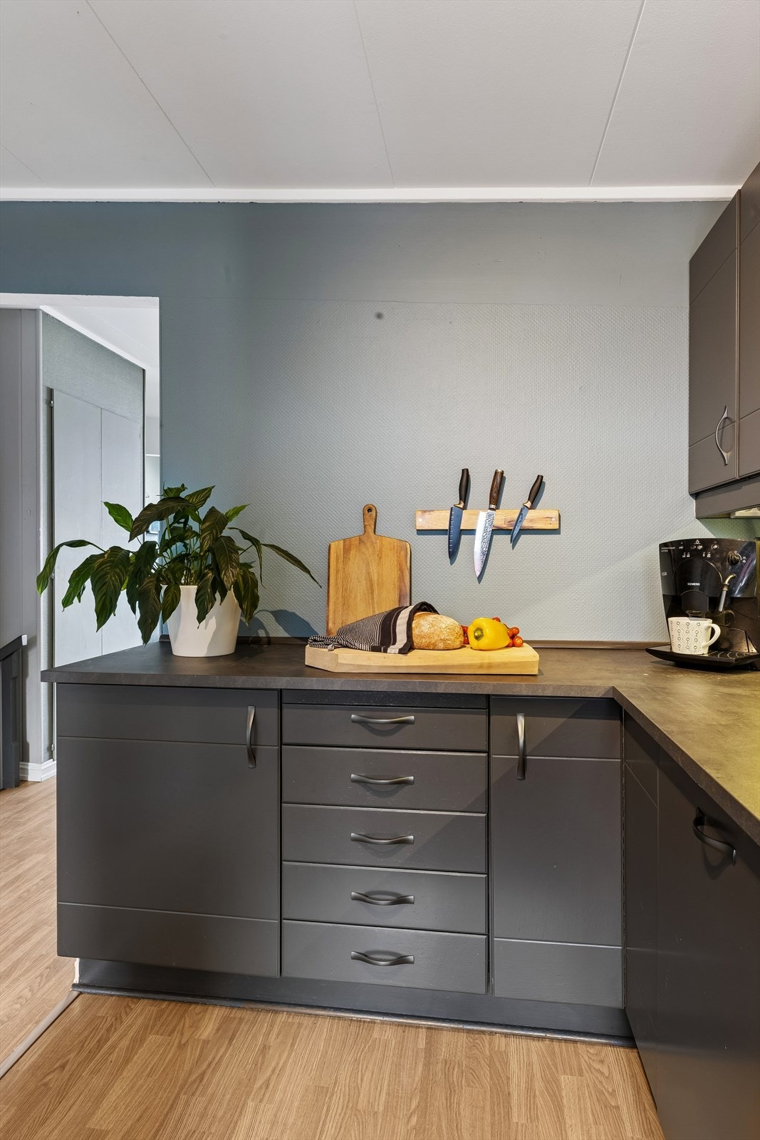 Kjøkkenet har rikelig med benkeplass for matlaging. Galleribilde