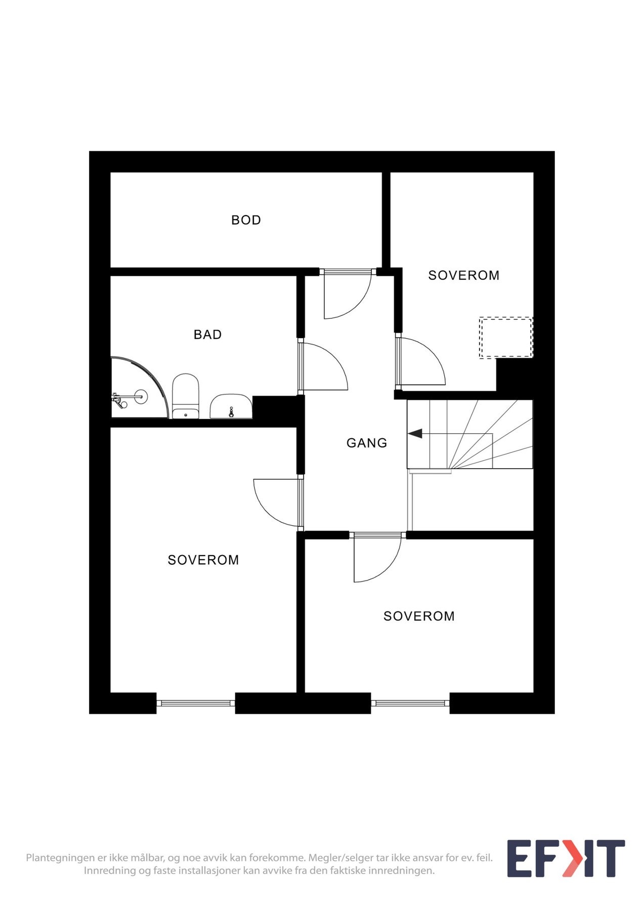 Plantegninger. Rommet mot nordøst er markert som soverom av fotograf. Rommet er godkjent som bod. Galleribilde