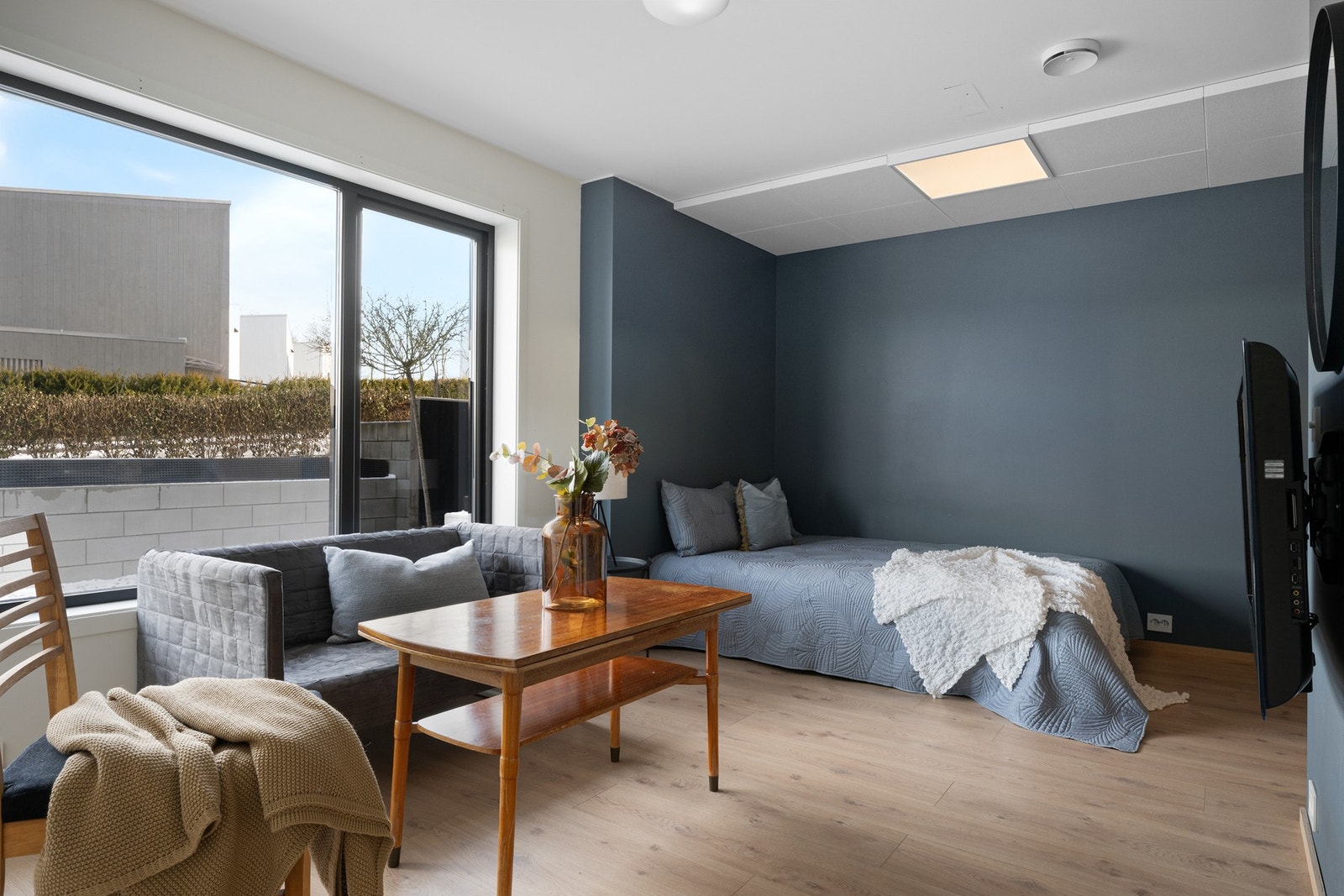 Hybel som brukes som TV-stue og soverom Galleribilde