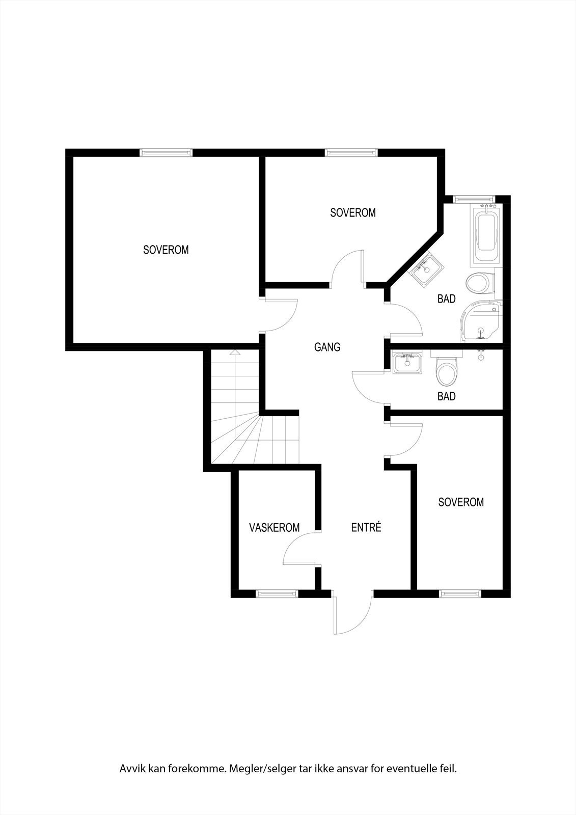 2. etg. Entré, 3 soverom, 1 bad (hovedbad), 1 gjestebad og vaskerom. Galleribilde
