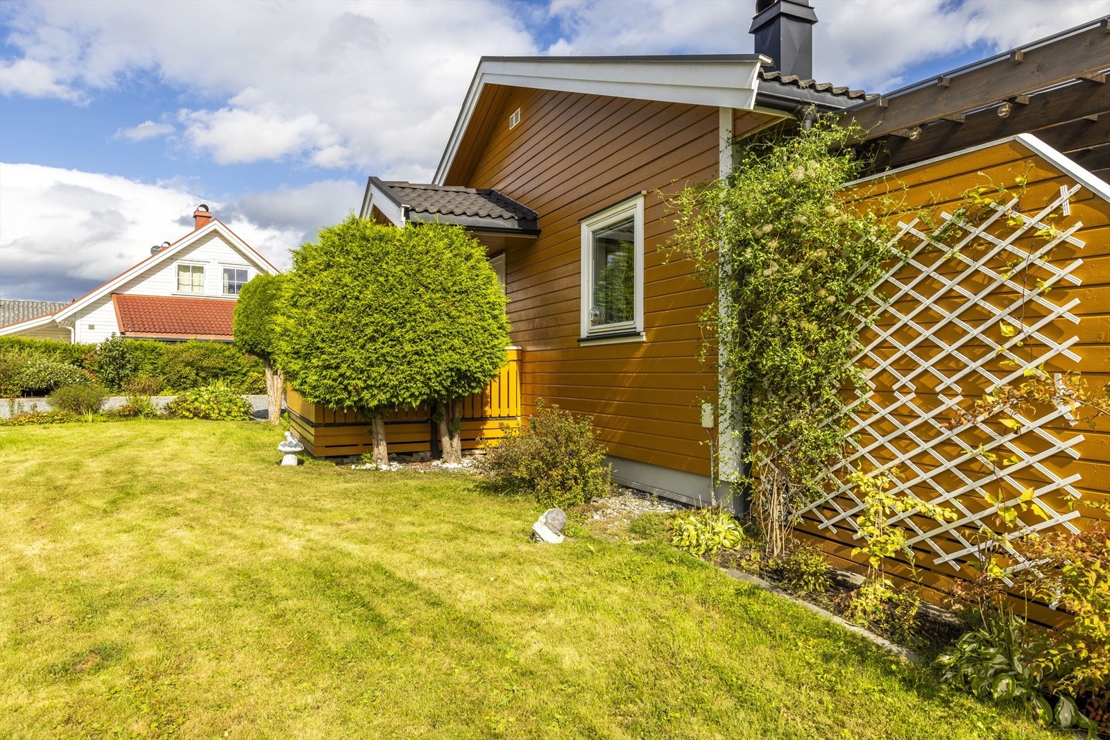 Pent opparbeidet hage med plen og diverse beplantning. Galleribilde