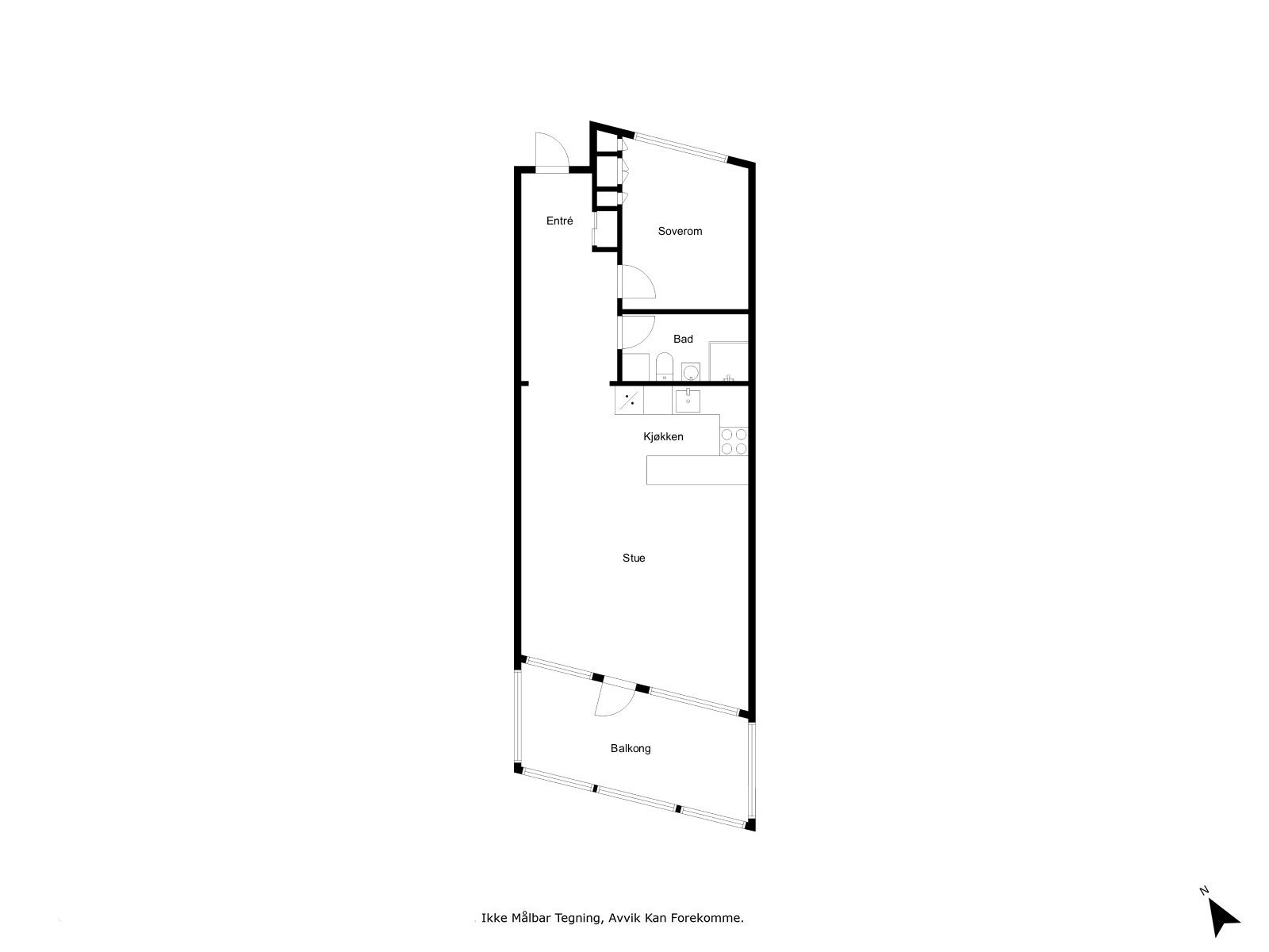 Leiligheten har en åpen kjøkkenløsning mot stuen, med utgang til en overbygd balkong. Badet er utstyrt med dusjkabinett og opplegg for vaskemaskin. Galleribilde