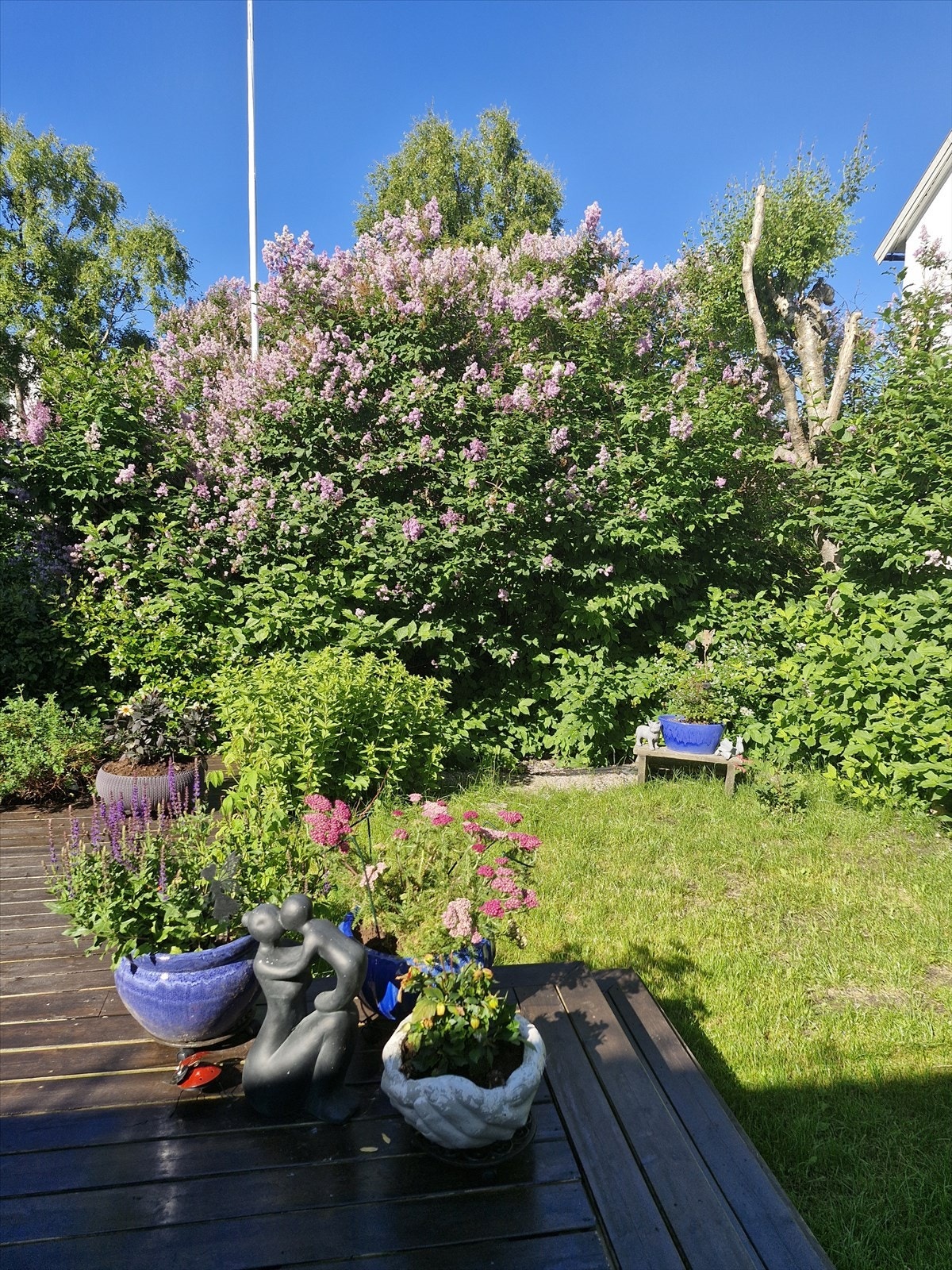 Hagen er pent opparbeidet med frodig beplantning, blant annet en fyldig syrinbusk, som skjermer for innsyn fra nærliggende bebyggelse. Galleribilde